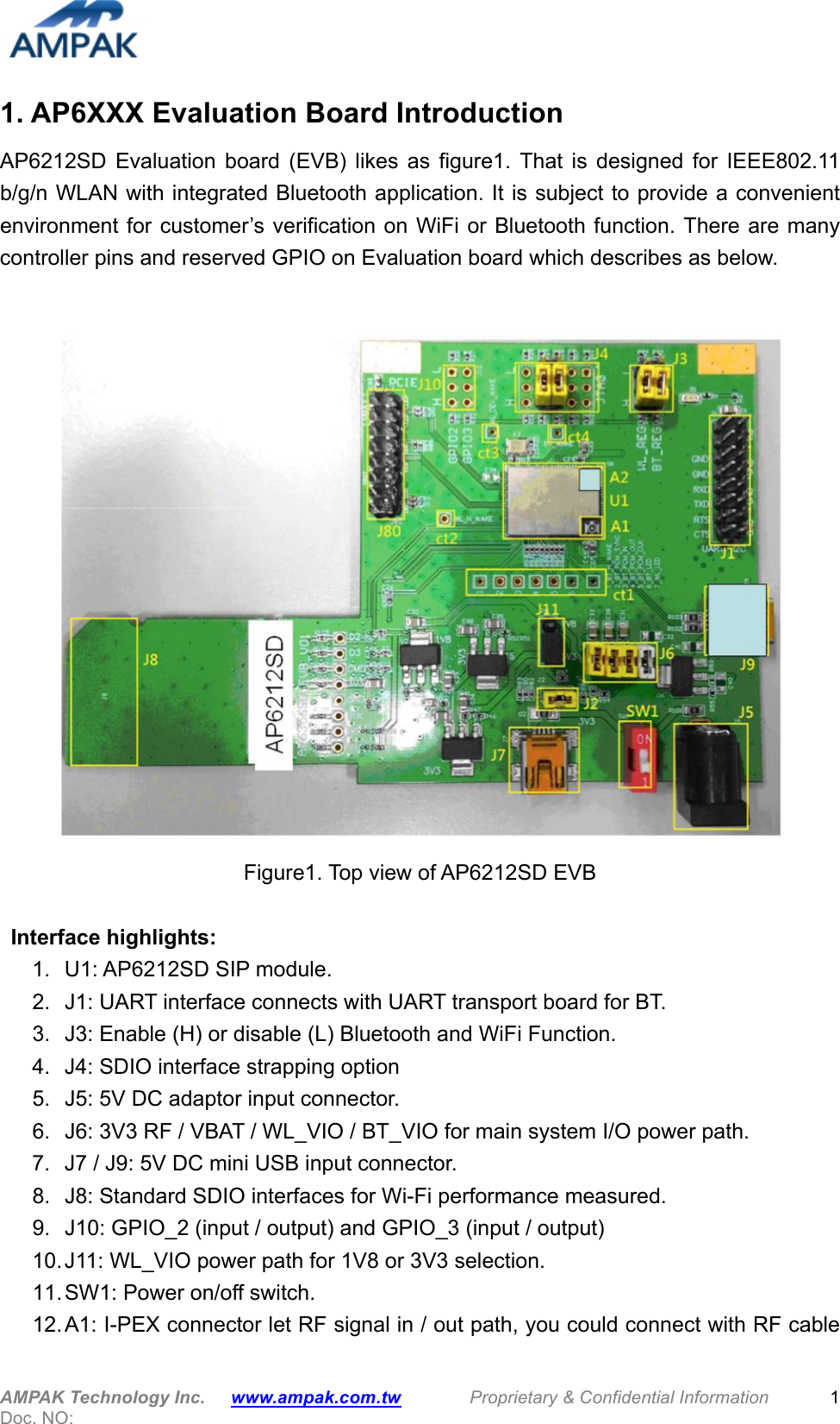  AMPAK Technology Inc.   www.ampak.com.tw        Proprietary &amp; Confidential Information   Doc. NO:   1 1. AP6XXX Evaluation Board Introduction AP6212SD  Evaluation  board  (EVB)  likes  as  figure1.  That  is  designed  for  IEEE802.11 b/g/n WLAN with integrated Bluetooth application. It is subject to provide a convenient environment for  customer’s verification on WiFi  or Bluetooth function.  There are many controller pins and reserved GPIO on Evaluation board which describes as below.   Figure1. Top view of AP6212SD EVB    Interface highlights: 1.  U1: AP6212SD SIP module. 2.  J1: UART interface connects with UART transport board for BT. 3.  J3: Enable (H) or disable (L) Bluetooth and WiFi Function. 4.  J4: SDIO interface strapping option 5.  J5: 5V DC adaptor input connector. 6.  J6: 3V3 RF / VBAT / WL_VIO / BT_VIO for main system I/O power path. 7.  J7 / J9: 5V DC mini USB input connector. 8.  J8: Standard SDIO interfaces for Wi-Fi performance measured. 9.  J10: GPIO_2 (input / output) and GPIO_3 (input / output) 10. J11: WL_VIO power path for 1V8 or 3V3 selection. 11. SW1: Power on/off switch. 12. A1: I-PEX connector let RF signal in / out path, you could connect with RF cable 