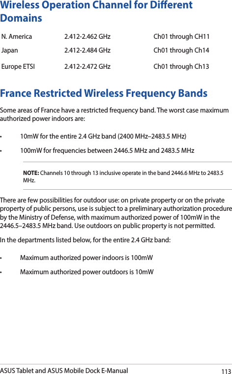 ASUS Tablet and ASUS Mobile Dock E-Manual113France Restricted Wireless Frequency BandsSome areas of France have a restricted frequency band. The worst case maximum authorized power indoors are: • 10mWfortheentire2.4GHzband(2400MHz–2483.5MHz)• 100mWforfrequenciesbetween2446.5MHzand2483.5MHzNOTE: Channels 10 through 13 inclusive operate in the band 2446.6 MHz to 2483.5 MHz.There are few possibilities for outdoor use: on private property or on the private property of public persons, use is subject to a preliminary authorization procedure by the Ministry of Defense, with maximum authorized power of 100mW in the 2446.5–2483.5MHzband.Useoutdoorsonpublicpropertyisnotpermitted.In the departments listed below, for the entire 2.4 GHz band: • Maximumauthorizedpowerindoorsis100mW• Maximumauthorizedpoweroutdoorsis10mWWireless Operation Channel for Dierent DomainsN. America 2.412-2.462 GHz Ch01 through CH11Japan 2.412-2.484 GHz Ch01 through Ch14Europe ETSI 2.412-2.472 GHz Ch01 through Ch13