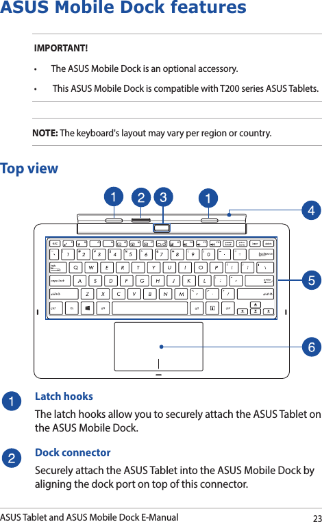 ASUS Tablet and ASUS Mobile Dock E-Manual23ASUS Mobile Dock featuresIMPORTANT! • TheASUSMobileDockisanoptionalaccessory.• ThisASUSMobileDockiscompatiblewithT200seriesASUSTablets.NOTE: The keyboard&apos;s layout may vary per region or country. Top viewLatch hooksThe latch hooks allow you to securely attach the ASUS Tablet on the ASUS Mobile Dock.Dock connectorSecurely attach the ASUS Tablet into the ASUS Mobile Dock by aligning the dock port on top of this connector. 