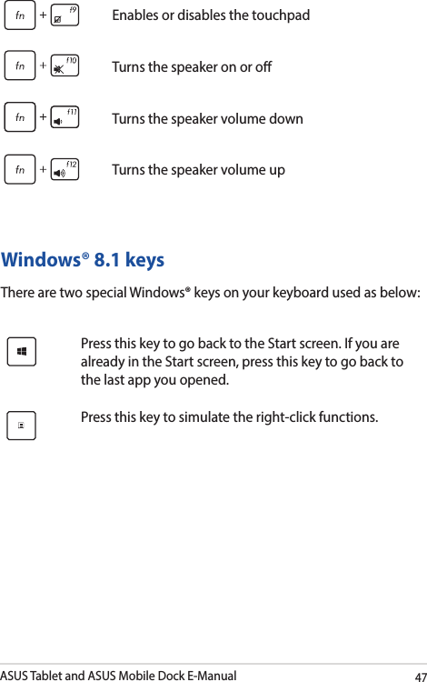 ASUS Tablet and ASUS Mobile Dock E-Manual47Enables or disables the touchpadTurns the speaker on or oTurns the speaker volume downTurns the speaker volume upWindows® 8.1 keysThere are two special Windows® keys on your keyboard used as below:Press this key to go back to the Start screen. If you are already in the Start screen, press this key to go back to the last app you opened.Press this key to simulate the right-click functions.