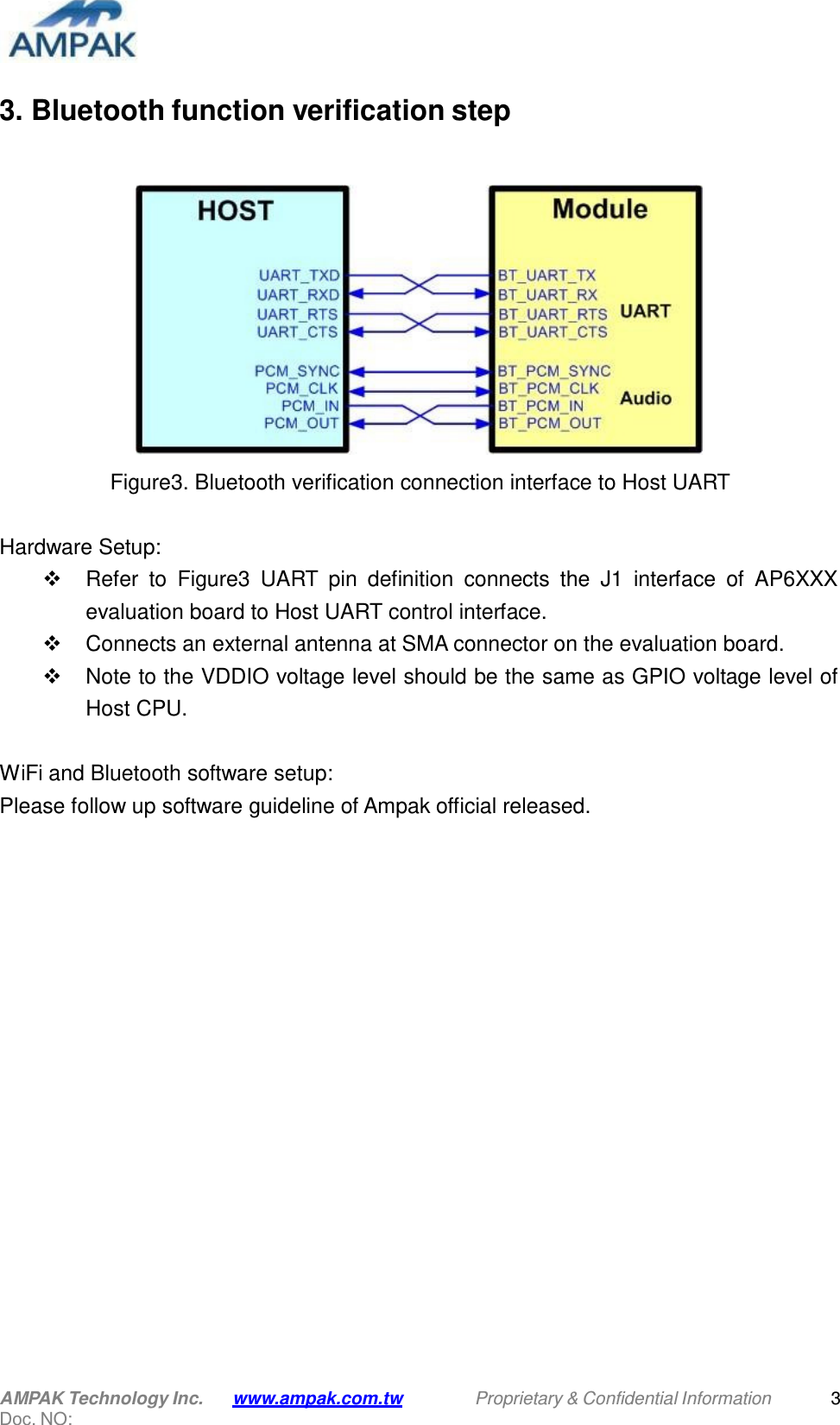 AMPAK Technology Inc. Doc. NO: www.ampak.com.tw Proprietary &amp; Confidential Information 3     3. Bluetooth function verification step      Figure3. Bluetooth verification connection interface to Host UART   Hardware Setup:   Refer  to  Figure3  UART  pin  definition  connects  the  J1  interface  of  AP6XXX evaluation board to Host UART control interface.   Connects an external antenna at SMA connector on the evaluation board.   Note to the VDDIO voltage level should be the same as GPIO voltage level of Host CPU.   WiFi and Bluetooth software setup: Please follow up software guideline of Ampak official released. 