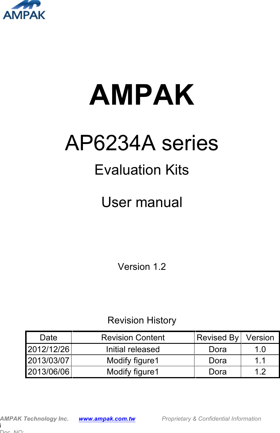  AMPAK Technology Inc.   www.ampak.com.tw        Proprietary &amp; Confidential Information    i Doc. NO:          AMPAK  AP6234A series Evaluation Kits  User manual   Version 1.2      Revision History Date Revision Content Revised By Version 2012/12/26 Initial released   Dora 1.0 2013/03/07 Modify figure1 Dora 1.1 2013/06/06 Modify figure1 Dora 1.2   