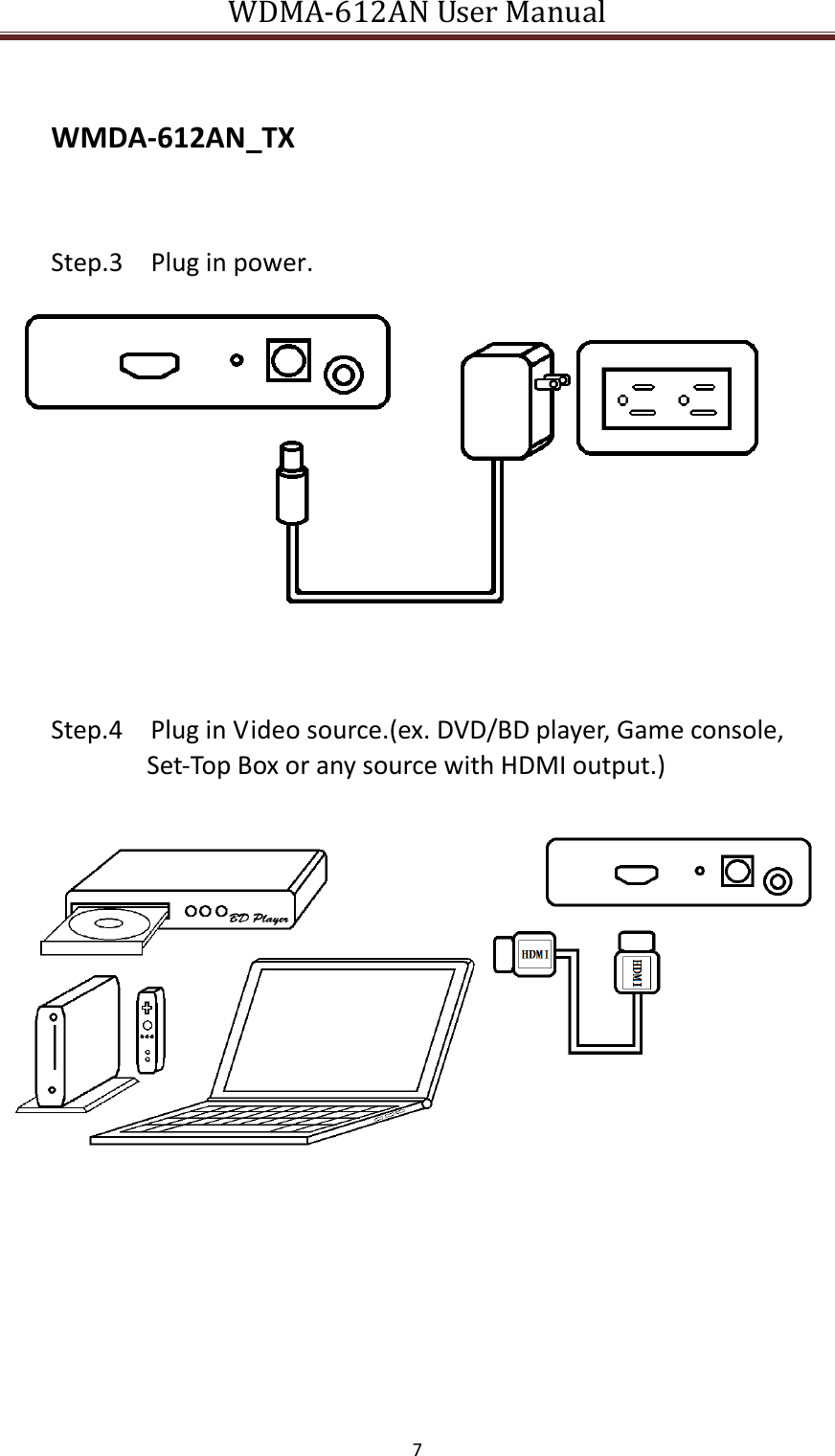WDMA-612AN User Manual   7     WMDA-612AN_TX     Step.3    Plug in power.     Step.4    Plug in Video source.(ex. DVD/BD player, Game console,         Set-Top Box or any source with HDMI output.)     