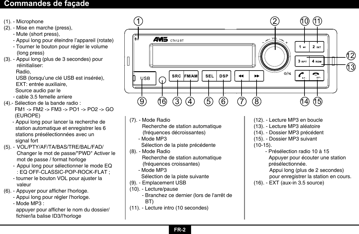 FR-2Commandes de façade(1).-Microphone(2). - Mise en marche (press),  - Mute (short press),  - Appui long pour éteindre l’appareil (rotate)  - Tourner le bouton pour régler le volume      (long press)(3). - Appui long (plus de 3 secondes) pour   réinitialiser:     Radio,    USB (lorsqu’une clé USB est insérée),    EXT: entrée auxiliaire,        Source audio par le  - cable 3.5 femelle arriere(4).- Sélection de la bande radio :   FM1 -&gt; FM2 -&gt; FM3 -&gt; PO1 -&gt; PO2 -&gt; GO     (EUROPE)       - Appui long pour lancer la recherche de    station automatique et enregistrer les 6    stations présélectionnées avec un    signal fort     (5).  -   VOL/PTY/AF/TA/BAS/TRE/BAL/FAD/    Changer le mot de passe/&quot;PWD&quot; Activer le    mot de passe / format horloge   - Appui long pour sélectionner le mode EQ    : EQ OFF-CLASSIC-POP-ROCK-FLAT ;   - tourner le bouton VOL pour ajuster la   valeur(6).-Appuyerpourafcherl&apos;horloge. -Appuilongpourréglerl&apos;horloge.  - Mode MP3 :  appuyerpourafcherlenomdudossier/  chier/labaliseID3/l&apos;horloge(7). - Mode Radio    Recherche de station automatique    (fréquences décroissantes)      - Mode MP3    Sélection de la piste précédente(8). - Mode Radio    Recherche de station automatique    (fréquences croissantes)      - Mode MP3    Sélection de la piste suivante(9). - Emplacement USB(10). - Lecture/pause  -Branchezcedernier(lorsdel&apos;arrêtde    BT)(11). - Lecture intro (10 secondes)(12). - Lecture MP3 en boucle(13). - Lecture MP3 aléatoire(14). - Dossier MP3 précédent(15). - Dossier MP3 suivant(10-15).        - Présélection radio 10 à 15      Appuyer pour écouter une station     présélectionnée.      Appui long (plus de 2 secondes)          pour enregistrer la station en cours.(16). - EXT (aux-in 3.5 source)21014111512133 4 56 7 89116