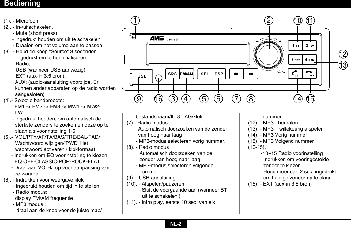 NL-2Bediening(1).-Microfoon(2). - In-/uitschakelen,  - Mute (short press),      - Ingedrukt houden om uit te schakelen  - Draaien om het volume aan te passen(3). - Houd de knop &quot;Source&quot; 3 seconden    ingedrukt om te herinitialiseren.     Radio,    USB (wanneer USB aanwezig),    EXT (aux-in 3,5 bron),        AUX: (audio-aansluiting voorzijde. Er    kunnen ander apparaten op de radio worden   aangesloten)(4).- Selectie bandbreedte:   FM1 -&gt; FM2 -&gt; FM3 -&gt; MW1 -&gt; MW2-   LW       - Ingedrukt houden, om automatisch de    sterkste zenders te zoeken en deze op te    slaan als voorinstelling 1-6.     (5).-   VOL/PTY/AF/TA/BAS/TRE/BAL/FAD/    Wachtwoord wijzigen/‘PWD’ Het        wachtwoord activeren / klokformaat.    - Indrukken om EQ voorinstelling te kiezen:   EQ OFF-CLASSIC-POP-ROCK-FLAT.  - Draai aan VOL-knop voor aanpassing van      de waarde.(6). - Indrukken voor weergave klok  - Ingedrukt houden om tijd in te stellen  - Radio modus:    display FM/AM frequentie  - MP3 modus :    draai aan de knop voor de juiste map/  bestandsnaam/ID 3 TAG/klok(7).- Radio modus    Automatisch doorzoeken van de zender      van hoog naar laag  - MP3-modus selecteren vorig nummer.(8). - Radio modus    Automatisch doorzoeken van de        zender van hoog naar laag  - MP3-modus selecteren volgende       nummer(9). - USB-aansluiting(10). - Afspelen/pauzeren    - Sluit de voorgaande aan (wanneer BT        uit te schakelen )(11). - Intro play, eerste 10 sec. van elk   nummer(12). - MP3 - herhalen(13). - MP3 – willekeurig afspelen(14). - MP3 Vorig nummer(15). - MP3 Volgend nummer(10-15).         -10~15 Radio voorinstelling      Indrukken om vooringestelde          zender te kiezen      Houd meer dan 2 sec. ingedrukt          om huidige zender op te slaan.(16). - EXT (aux-in 3,5 bron)21014111512133 4 56 7 89116