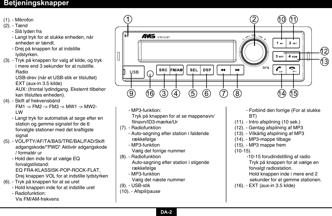 DA-2Betjeningsknapper(1).-Mikrofon(2). - Tænd  - Slå lyden fra  - Langt tryk for at slukke enheden, når    enheden er tændt.  - Drej på knappen for at indstille   lydstyrken.(3). - Tryk på knappen for valg af kilde, og tryk    i mere end 3 sekunder for at nulstille.   Radio    USB-drev (når et USB-stik er tilsluttet)    EXT (aux-in 3.5 kilde)    AUX: (frontal lydindgang. Eksternt tilbehør    kan tilsluttes enheden).(4). - Skift af frekvensbånd    FM1 -&gt; FM2 -&gt; FM3 -&gt; MW1 -&gt; MW2-   LW  - Langt tryk for automatisk at søge efter en    station og gemme signalet for de 6    forvalgte stationer med det kraftigste    signal     (5). - VOL/PTY/AF/TA/BAS/TRE/BAL/FAD/Skift    adgangskode/&quot;PWD&quot; Aktivér adgangskode    / formatér ur  - Hold den inde for at vælge EQ   forvalgstilstand:    EQ FRA-KLASSISK-POP-ROCK-FLAT,    Drej knappen VOL for at indstille lydstyrken(6). - Tryk på knappen for at se uret  - Hold knappen inde for at indstille uret  - Radiofunktion:    Vis FM/AM-frekvens  - MP3-funktion:    Tryk på knappen for at se mappenavn/  lnavn/ID3-mærke/Ur(7). - Radiofunktion  - Auto-søgning efter station i faldende   rækkefølge  - MP3-funktion    Vælg det forrige nummer(8). - Radiofunktion    Auto-søgning efter station i stigende   rækkefølge  - MP3-funktion    Vælg det næste nummer(9). - USB-stik(10). - Afspil/pause    - Forbind den forrige (For at slukke      BT)(11). - Intro afspilning (10 sek.)(12). - Gentag afspilning af MP3(13). - Vilkårlig afspilning af MP3(14). - MP3-mappe tilbage(15). - MP3 mappe frem(10-15).         -10-15 forudindstilling af radio      Tryk på knappen for at vælge en      forvalgt radiostation.      Hold knappen inde i mere end 2      sekunder for at gemme stationen.(16). - EXT (aux-in 3.5 kilde)21014111512133 4 56 7 89116