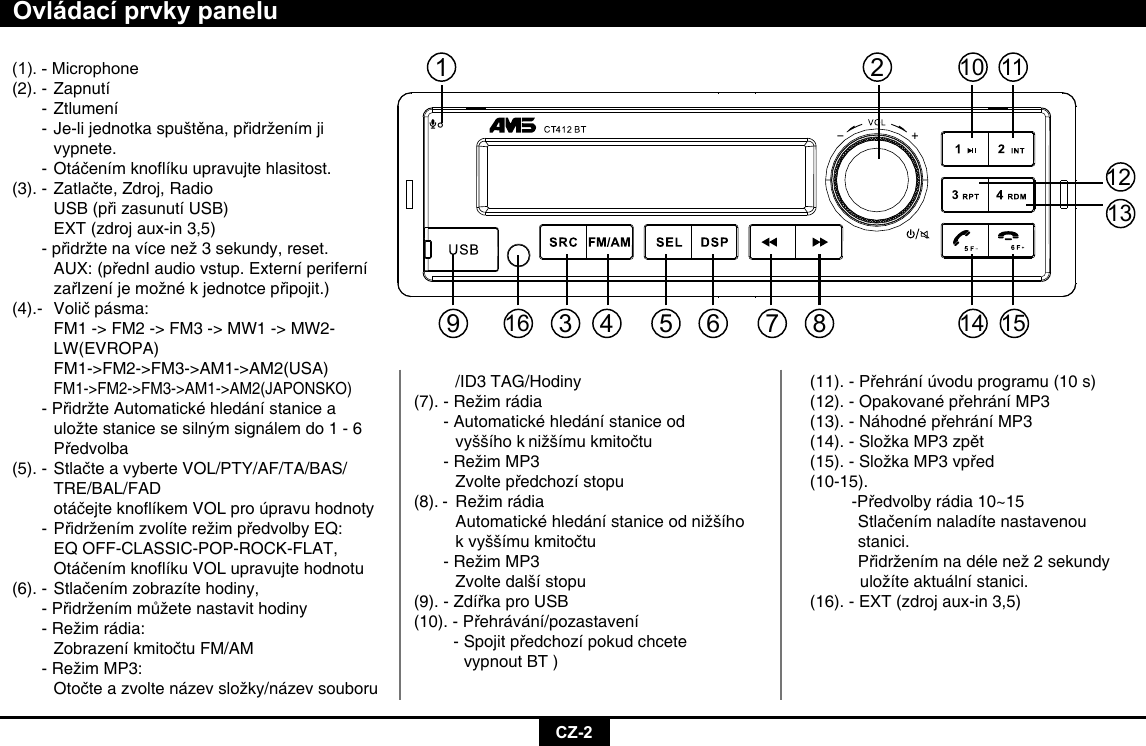 CZ-2Ovládací prvky panelu(1).-Microphone(2). - Zapnutí  - Ztlumení -Je-lijednotkaspuštěna,přidrženímji   vypnete. -Otáčenímknoíkuupravujtehlasitost.(3).-Zatlačte,Zdroj,Radio  USB(přizasunutíUSB)    EXT (zdroj aux-in 3,5) -přidržtenavícenež3sekundy,reset.  AUX:(přednIaudiovstup.Externíperiferní  zařIzeníjemožnékjednotcepřipojit.)(4).- Voličpásma:    FM1 -&gt; FM2 -&gt; FM3 -&gt; MW1 -&gt; MW2-   LW(EVROPA)   FM1-&gt;FM2-&gt;FM3-&gt;AM1-&gt;AM2(USA)  FM1-&gt;FM2-&gt;FM3-&gt;AM1-&gt;AM2(JAPONSKO) -PřidržteAutomatickéhledánístanicea  uložtestanicesesilnýmsignálemdo1-6  Předvolba(5).-StlačteavyberteVOL/PTY/AF/TA/BAS/   TRE/BAL/FAD  otáčejteknoíkemVOLproúpravuhodnoty -PřidrženímzvolíterežimpředvolbyEQ:    EQ OFF-CLASSIC-POP-ROCK-FLAT,  OtáčenímknoíkuVOLupravujtehodnotu(6).-Stlačenímzobrazítehodiny, -Přidrženímmůžetenastavithodiny -Režimrádia:  ZobrazeníkmitočtuFM/AM -RežimMP3:  Otočteazvoltenázevsložky/názevsouboru    /ID3 TAG/Hodiny(7).-Režimrádia  - Automatické hledání stanice od        vyššího k nižšímukmitočtu -RežimMP3  Zvoltepředchozístopu(8). - Režimrádia  Automatickéhledánístaniceodnižšího  kvyššímukmitočtu -RežimMP3    Zvolte další stopu(9).-ZdířkaproUSB(10).-Přehrávání/pozastavení  -Spojitpředchozípokudchcete       vypnout BT )(11).-Přehráníúvoduprogramu(10s)(12).-OpakovanépřehráníMP3(13).-NáhodnépřehráníMP3(14).-SložkaMP3zpět(15).-SložkaMP3vpřed(10-15).-Předvolbyrádia10~15  Stlačenímnaladítenastavenou      stanici.  Přidrženímnadélenež2sekundy   uložíteaktuálnístanici.(16). - EXT (zdroj aux-in 3,5)21014111512133 4 56 7 89116
