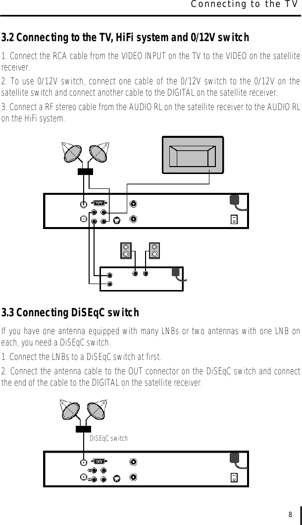 8Connecting to the TV3.2 Connecting to the TV, HiFi system and 0/12V switch1. Connect the RCA cable from the VIDEO INPUT on the TV to the VIDEO on the satellitereceiver.2. To use 0/12V switch, connect one cable of the 0/12V switch to the 0/12V on thesatellite switch and connect another cable to the DIGITAL on the satellite receiver.3. Connect a RF stereo cable from the AUDIO RL on the satellite receiver to the AUDIO RLon the HiFi system.3.3 Connecting DiSEqC switchIf you have one antenna equipped with many LNBs or two antennas with one LNB oneach, you need a DiSEqC switch.1. Connect the LNBs to a DiSEqC switch at first. 2. Connect the antenna cable to the OUT connector on the DiSEqC switch and connectthe end of the cable to the DIGITAL on the satellite receiver.DiSEqC switch