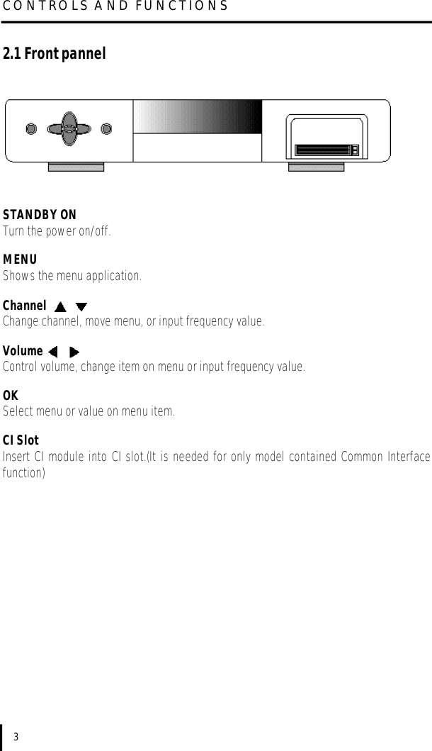 2.1 Front pannelSTANDBY ONTurn the power on/off.MENUShows the menu application.  ChannelChange channel, move menu, or input frequency value.Volume Control volume, change item on menu or input frequency value.OKSelect menu or value on menu item.CI SlotInsert CI module into CI slot.(It is needed for only model contained Common Interfacefunction)CONTROLS AND FUNCTIONS3