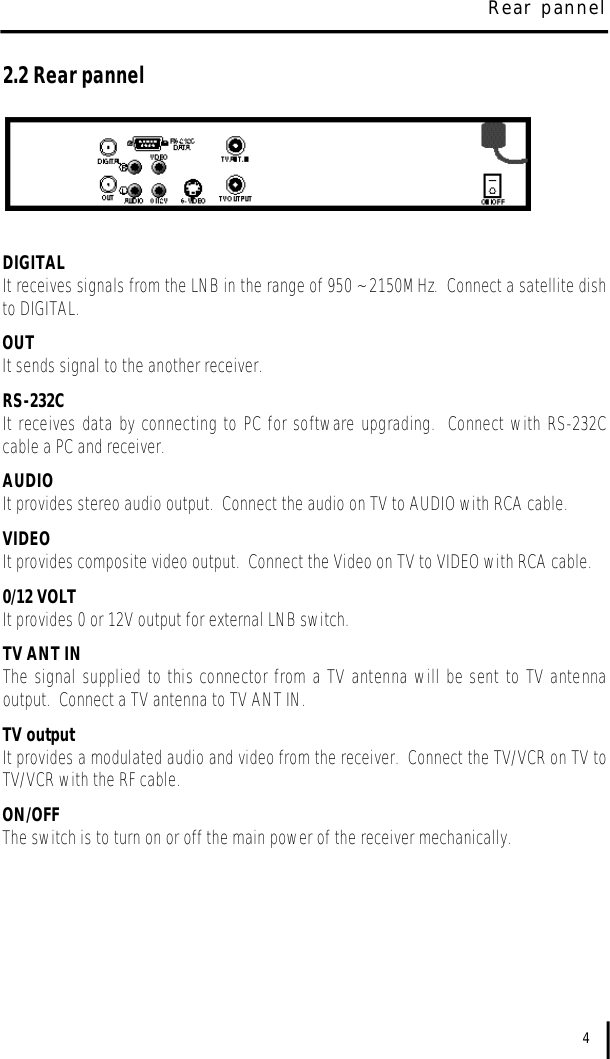 2.2 Rear pannelDIGITALIt receives signals from the LNB in the range of 950 ~ 2150MHz.  Connect a satellite dishto DIGITAL.OUTIt sends signal to the another receiver.RS-232CIt receives data by connecting to PC for software upgrading.  Connect with RS-232Ccable a PC and receiver.AUDIOIt provides stereo audio output.  Connect the audio on TV to AUDIO with RCA cable.VIDEOIt provides composite video output.  Connect the Video on TV to VIDEO with RCA cable.0/12 VOLTIt provides 0 or 12V output for external LNB switch.TV ANT INThe signal supplied to this connector from a TV antenna will be sent to TV antennaoutput.  Connect a TV antenna to TV ANT IN.TV outputIt provides a modulated audio and video from the receiver.  Connect the TV/VCR on TV toTV/VCR with the RF cable.ON/OFFThe switch is to turn on or off the main power of the receiver mechanically.4Rear pannel