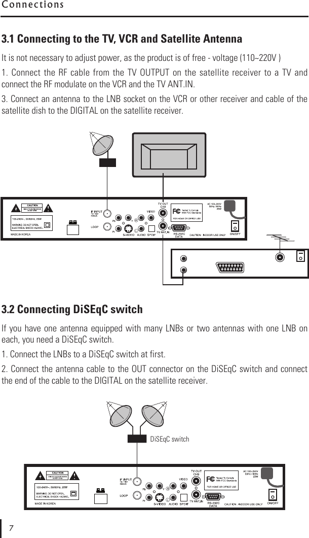 3.1 Connecting to the TV, VCR and Satellite AntennaIt is not necessary to adjust power, as the product is of free - voltage (110~220V )1. Connect  the  RF  cable  from  the  TV  OUTPUT  on the satellite  receiver to  a  TV  andconnect the RF modulate on the VCR and the TV ANT.IN.  3. Connect an antenna to the LNB socket on the VCR or other receiver and cable of thesatellite dish to the DIGITAL on the satellite receiver.3.2 Connecting DiSEqC switchIf you have one antenna  equipped  with  many  LNBs or two antennas  with  one  LNB  oneach, you need a DiSEqC switch.1. Connect the LNBs to a DiSEqC switch at first. 2. Connect the antenna cable to the OUT connector on the DiSEqC switch and connectthe end of the cable to the DIGITAL on the satellite receiver.C o n n e c t i o n s7DiSEqC switch