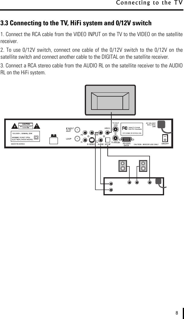 3.3 Connecting to the TV, HiFi system and 0/12V switch1. Connect the RCA cable from the VIDEO INPUT on the TV to the VIDEO on the satellitereceiver.2.  To  use 0/12V  switch, connect  one  cable  of  the 0/12V  switch to  the 0/12V  on  thesatellite switch and connect another cable to the DIGITAL on the satellite receiver.3. Connect a RCA stereo cable from the AUDIO RL on the satellite receiver to the AUDIORL on the HiFi system.8C o n n e c t i n g   t o   t h e   T V