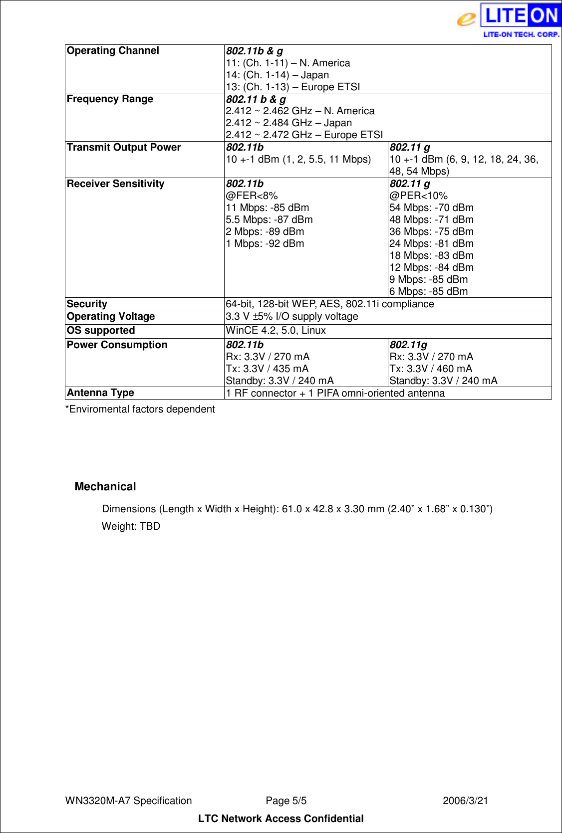  WN3320M-A7 Specification               Page 5/5                          2006/3/21 LTC Network Access Confidential Operating Channel  802.11b &amp; g 11: (Ch. 1-11) – N. America 14: (Ch. 1-14) – Japan 13: (Ch. 1-13) – Europe ETSI Frequency Range    802.11 b &amp; g 2.412 ~ 2.462 GHz – N. America 2.412 ~ 2.484 GHz – Japan 2.412 ~ 2.472 GHz – Europe ETSI Transmit Output Power   802.11b 10 +-1 dBm (1, 2, 5.5, 11 Mbps) 802.11 g 10 +-1 dBm (6, 9, 12, 18, 24, 36, 48, 54 Mbps) Receiver Sensitivity  802.11b @FER&lt;8% 11 Mbps: -85 dBm 5.5 Mbps: -87 dBm 2 Mbps: -89 dBm 1 Mbps: -92 dBm 802.11 g @PER&lt;10% 54 Mbps: -70 dBm 48 Mbps: -71 dBm 36 Mbps: -75 dBm 24 Mbps: -81 dBm 18 Mbps: -83 dBm 12 Mbps: -84 dBm 9 Mbps: -85 dBm 6 Mbps: -85 dBm Security 64-bit, 128-bit WEP, AES, 802.11i compliance Operating Voltage 3.3 V ±5% I/O supply voltage OS supported WinCE 4.2, 5.0, Linux Power Consumption 802.11b Rx: 3.3V / 270 mA Tx: 3.3V / 435 mA Standby: 3.3V / 240 mA 802.11g Rx: 3.3V / 270 mA Tx: 3.3V / 460 mA Standby: 3.3V / 240 mA Antenna Type 1 RF connector + 1 PIFA omni-oriented antenna *Enviromental factors dependent   Mechanical Dimensions (Length x Width x Height):  61.0 x 42.8 x 3.30 mm (2.40” x 1.68” x 0.130”)  Weight: TBD 