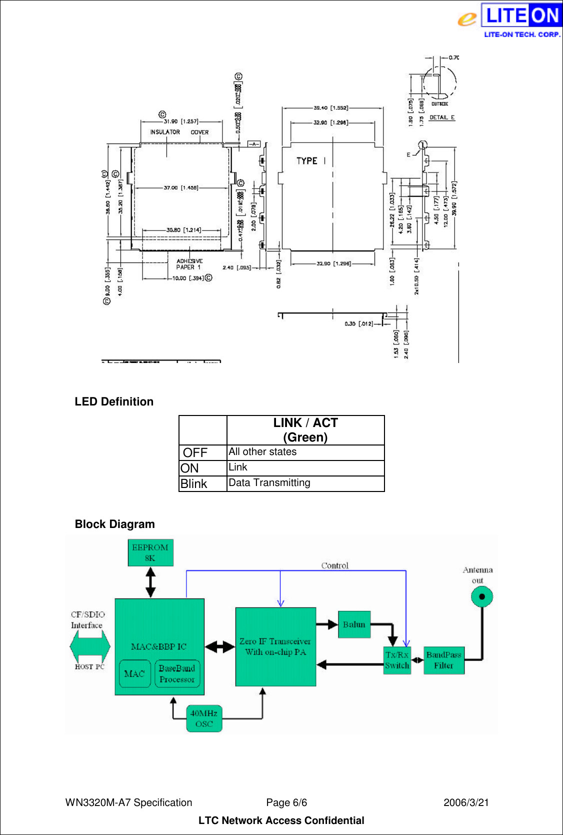  WN3320M-A7 Specification               Page 6/6                          2006/3/21 LTC Network Access Confidential   LED Definition  LINK / ACT (Green) OFF All other states ON Link Blink Data Transmitting  Block Diagram    