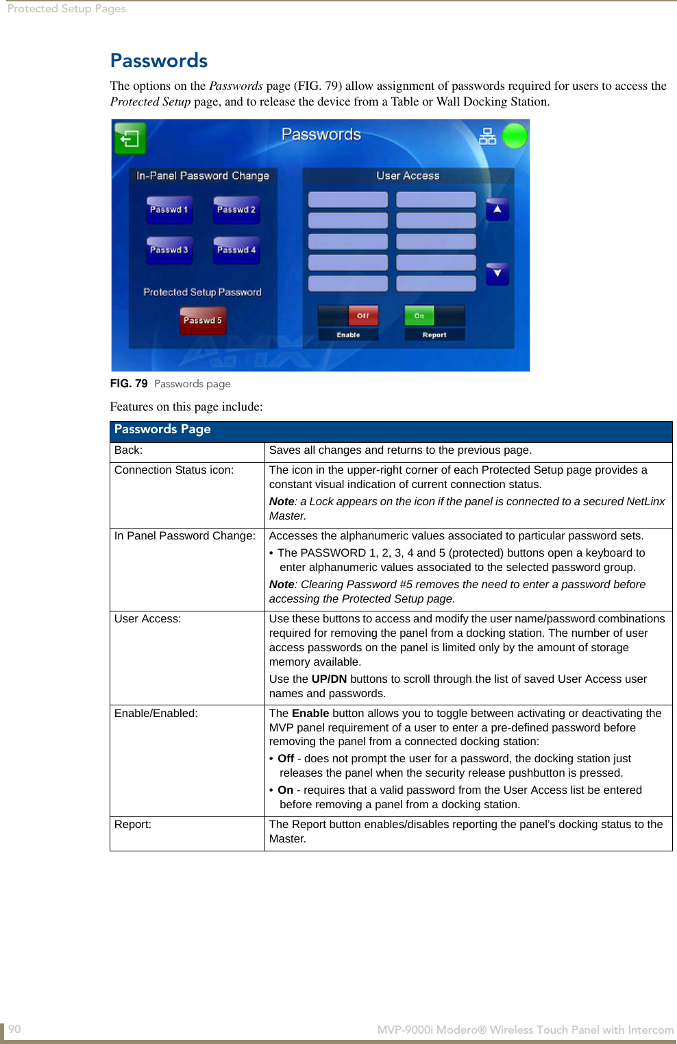 Protected Setup Pages90  MVP-9000i Modero® Wireless Touch Panel with IntercomPasswordsThe options on the Passwords page (FIG. 79) allow assignment of passwords required for users to access the Protected Setup page, and to release the device from a Table or Wall Docking Station.Features on this page include:FIG. 79  Passwords pagePasswords Page Back: Saves all changes and returns to the previous page.Connection Status icon: The icon in the upper-right corner of each Protected Setup page provides a constant visual indication of current connection status.Note: a Lock appears on the icon if the panel is connected to a secured NetLinx Master.In Panel Password Change: Accesses the alphanumeric values associated to particular password sets.• The PASSWORD 1, 2, 3, 4 and 5 (protected) buttons open a keyboard to enter alphanumeric values associated to the selected password group.Note: Clearing Password #5 removes the need to enter a password before accessing the Protected Setup page.User Access: Use these buttons to access and modify the user name/password combinations required for removing the panel from a docking station. The number of user access passwords on the panel is limited only by the amount of storage memory available.Use the UP/DN buttons to scroll through the list of saved User Access user names and passwords.Enable/Enabled: The Enable button allows you to toggle between activating or deactivating the MVP panel requirement of a user to enter a pre-defined password before removing the panel from a connected docking station:•Off - does not prompt the user for a password, the docking station just releases the panel when the security release pushbutton is pressed.•On - requires that a valid password from the User Access list be entered before removing a panel from a docking station.Report: The Report button enables/disables reporting the panel’s docking status to the Master.