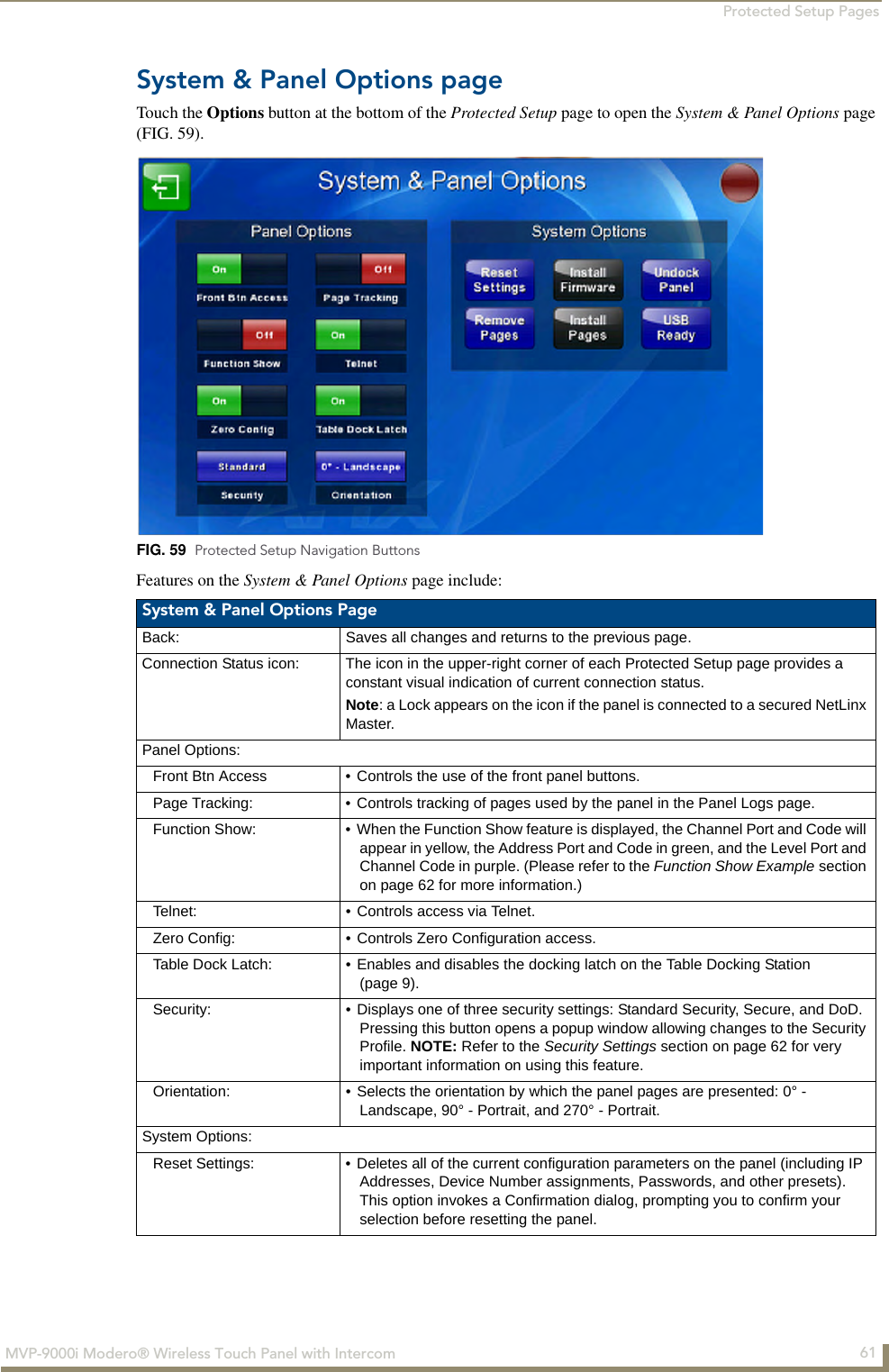 Protected Setup Pages61MVP-9000i Modero® Wireless Touch Panel with IntercomSystem &amp; Panel Options pageTouch the Options button at the bottom of the Protected Setup page to open the System &amp; Panel Options page (FIG. 59).  Features on the System &amp; Panel Options page include: FIG. 59  Protected Setup Navigation ButtonsSystem &amp; Panel Options PageBack: Saves all changes and returns to the previous page.Connection Status icon: The icon in the upper-right corner of each Protected Setup page provides a constant visual indication of current connection status.Note: a Lock appears on the icon if the panel is connected to a secured NetLinx Master.Panel Options:Front Btn Access • Controls the use of the front panel buttons.Page Tracking: • Controls tracking of pages used by the panel in the Panel Logs page.Function Show: • When the Function Show feature is displayed, the Channel Port and Code will appear in yellow, the Address Port and Code in green, and the Level Port and Channel Code in purple. (Please refer to the Function Show Example section on page 62 for more information.)Telnet: • Controls access via Telnet.Zero Config: • Controls Zero Configuration access.Table Dock Latch: • Enables and disables the docking latch on the Table Docking Station (page 9).Security: • Displays one of three security settings: Standard Security, Secure, and DoD. Pressing this button opens a popup window allowing changes to the Security Profile. NOTE: Refer to the Security Settings section on page 62 for very important information on using this feature.Orientation: • Selects the orientation by which the panel pages are presented: 0° - Landscape, 90° - Portrait, and 270° - Portrait.System Options:Reset Settings: • Deletes all of the current configuration parameters on the panel (including IP Addresses, Device Number assignments, Passwords, and other presets). This option invokes a Confirmation dialog, prompting you to confirm your selection before resetting the panel. 