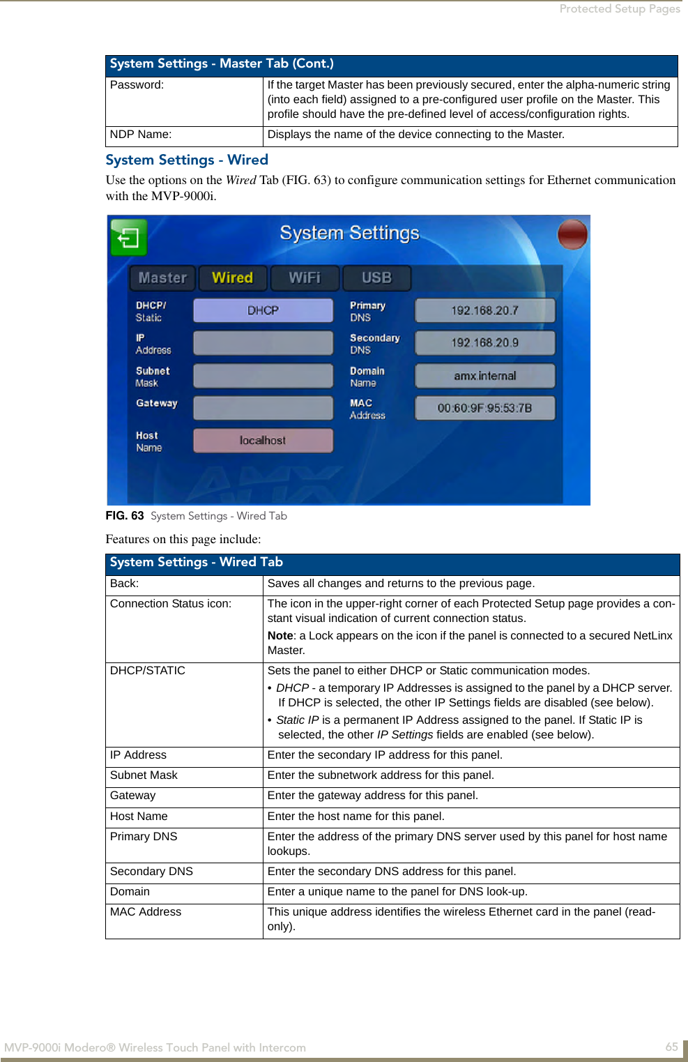 Protected Setup Pages65MVP-9000i Modero® Wireless Touch Panel with IntercomSystem Settings - WiredUse the options on the Wired Tab (FIG. 63) to configure communication settings for Ethernet communication with the MVP-9000i. Features on this page include:  System Settings - Master Tab (Cont.)Password: If the target Master has been previously secured, enter the alpha-numeric string (into each field) assigned to a pre-configured user profile on the Master. This profile should have the pre-defined level of access/configuration rights.NDP Name: Displays the name of the device connecting to the Master.FIG. 63  System Settings - Wired TabSystem Settings - Wired TabBack: Saves all changes and returns to the previous page.Connection Status icon: The icon in the upper-right corner of each Protected Setup page provides a con-stant visual indication of current connection status.Note: a Lock appears on the icon if the panel is connected to a secured NetLinx Master.DHCP/STATIC Sets the panel to either DHCP or Static communication modes. •DHCP - a temporary IP Addresses is assigned to the panel by a DHCP server. If DHCP is selected, the other IP Settings fields are disabled (see below).•Static IP is a permanent IP Address assigned to the panel. If Static IP is selected, the other IP Settings fields are enabled (see below).IP Address Enter the secondary IP address for this panel.Subnet Mask Enter the subnetwork address for this panel.Gateway Enter the gateway address for this panel.Host Name Enter the host name for this panel.Primary DNS Enter the address of the primary DNS server used by this panel for host name lookups.Secondary DNS Enter the secondary DNS address for this panel.Domain Enter a unique name to the panel for DNS look-up.MAC Address This unique address identifies the wireless Ethernet card in the panel (read-only). 