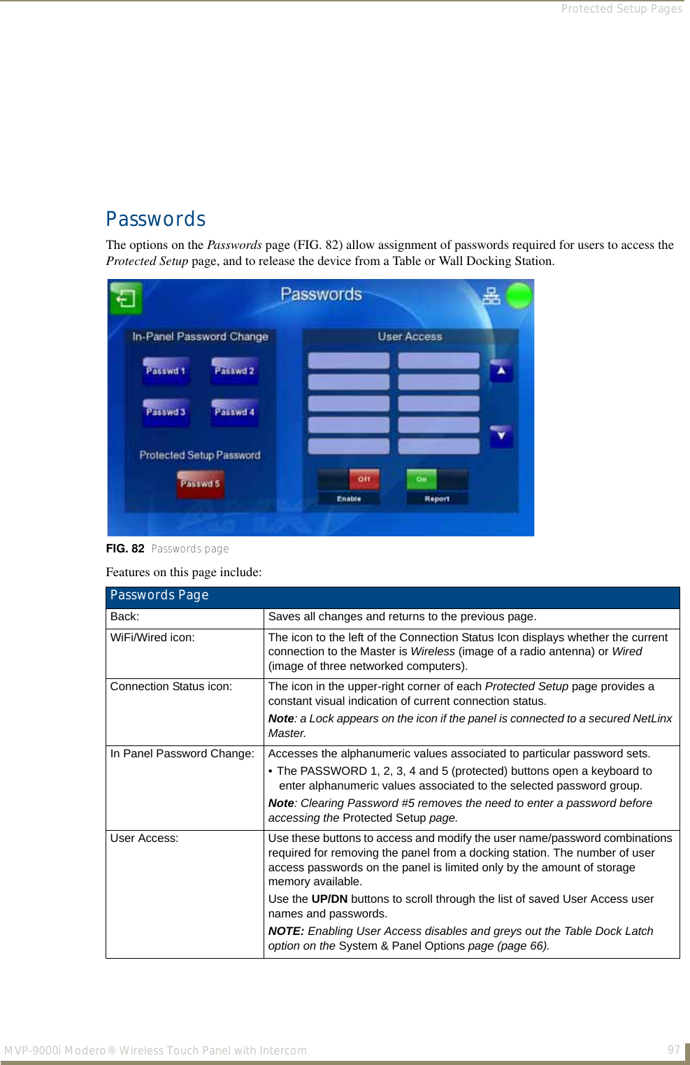 Protected Setup Pages97MVP-9000i Modero® Wireless Touch Panel with IntercomPasswordsThe options on the Passwords page (FIG. 82) allow assignment of passwords required for users to access the Protected Setup page, and to release the device from a Table or Wall Docking Station.Features on this page include:FIG. 82  Passwords pagePasswords Page Back: Saves all changes and returns to the previous page.WiFi/Wired icon: The icon to the left of the Connection Status Icon displays whether the current connection to the Master is Wireless (image of a radio antenna) or Wired (image of three networked computers).Connection Status icon: The icon in the upper-right corner of each Protected Setup page provides a constant visual indication of current connection status.Note: a Lock appears on the icon if the panel is connected to a secured NetLinx Master.In Panel Password Change: Accesses the alphanumeric values associated to particular password sets.• The PASSWORD 1, 2, 3, 4 and 5 (protected) buttons open a keyboard to enter alphanumeric values associated to the selected password group.Note: Clearing Password #5 removes the need to enter a password before accessing the Protected Setup page.User Access: Use these buttons to access and modify the user name/password combinations required for removing the panel from a docking station. The number of user access passwords on the panel is limited only by the amount of storage memory available.Use the UP/DN buttons to scroll through the list of saved User Access user names and passwords.NOTE: Enabling User Access disables and greys out the Table Dock Latch option on the System &amp; Panel Options page (page 66).