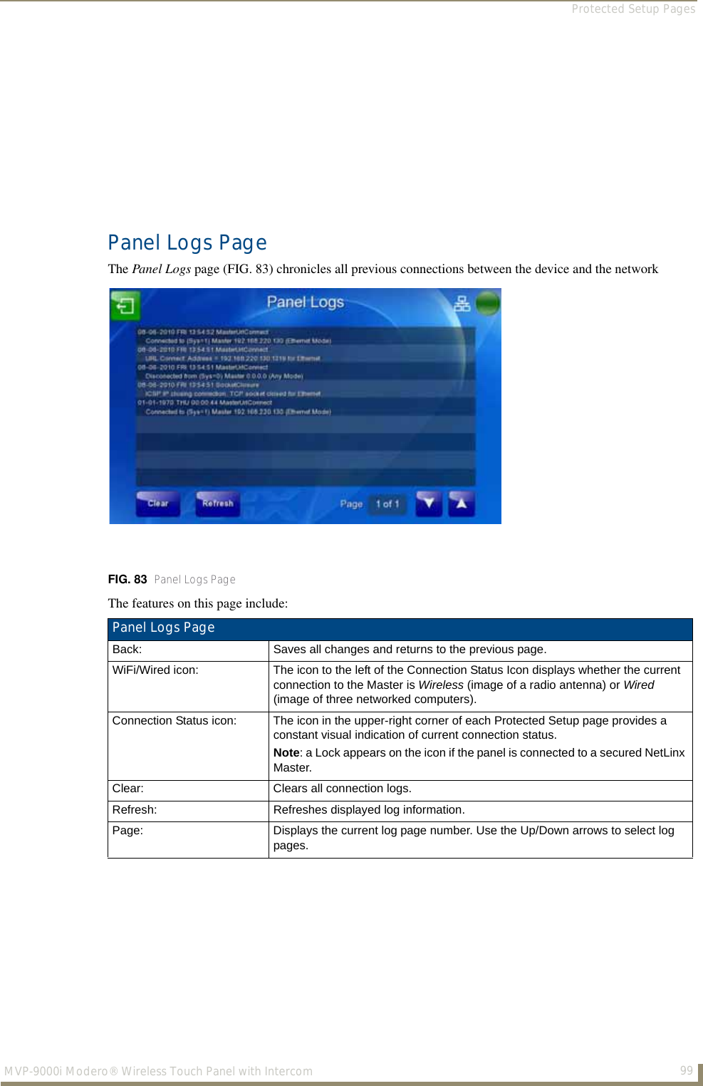Protected Setup Pages99MVP-9000i Modero® Wireless Touch Panel with IntercomPanel Logs PageThe Panel Logs page (FIG. 83) chronicles all previous connections between the device and the networkThe features on this page include:FIG. 83  Panel Logs PagePanel Logs Page Back: Saves all changes and returns to the previous page.WiFi/Wired icon: The icon to the left of the Connection Status Icon displays whether the current connection to the Master is Wireless (image of a radio antenna) or Wired (image of three networked computers).Connection Status icon: The icon in the upper-right corner of each Protected Setup page provides a constant visual indication of current connection status.Note: a Lock appears on the icon if the panel is connected to a secured NetLinx Master.Clear: Clears all connection logs.Refresh: Refreshes displayed log information.Page: Displays the current log page number. Use the Up/Down arrows to select log pages.