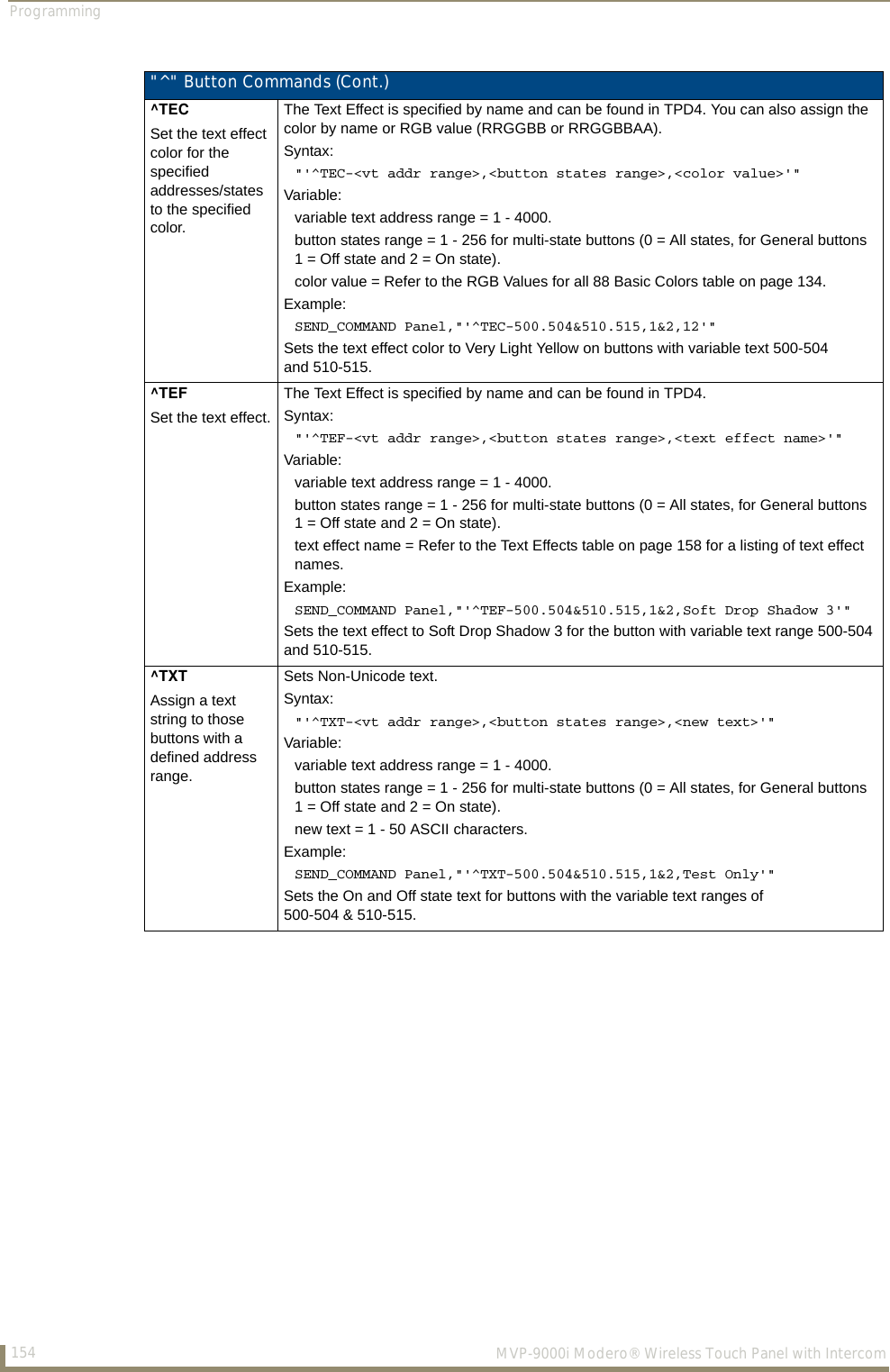 Programming154  MVP-9000i Modero® Wireless Touch Panel with Intercom&quot;^&quot; Button Commands (Cont.)^TECSet the text effect color for the specified addresses/states to the specified color.The Text Effect is specified by name and can be found in TPD4. You can also assign the color by name or RGB value (RRGGBB or RRGGBBAA).Syntax: &quot;&apos;^TEC-&lt;vt addr range&gt;,&lt;button states range&gt;,&lt;color value&gt;&apos;&quot;Variable: variable text address range = 1 - 4000.button states range = 1 - 256 for multi-state buttons (0 = All states, for General buttons1 = Off state and 2 = On state). color value = Refer to the RGB Values for all 88 Basic Colors table on page 134.Example:SEND_COMMAND Panel,&quot;&apos;^TEC-500.504&amp;510.515,1&amp;2,12&apos;&quot;Sets the text effect color to Very Light Yellow on buttons with variable text 500-504 and 510-515. ^TEFSet the text effect.The Text Effect is specified by name and can be found in TPD4.Syntax: &quot;&apos;^TEF-&lt;vt addr range&gt;,&lt;button states range&gt;,&lt;text effect name&gt;&apos;&quot;Variable: variable text address range = 1 - 4000.button states range = 1 - 256 for multi-state buttons (0 = All states, for General buttons1 = Off state and 2 = On state). text effect name = Refer to the Text Effects table on page 158 for a listing of text effect names.Example:SEND_COMMAND Panel,&quot;&apos;^TEF-500.504&amp;510.515,1&amp;2,Soft Drop Shadow 3&apos;&quot;Sets the text effect to Soft Drop Shadow 3 for the button with variable text range 500-504 and 510-515.^TXTAssign a text string to those buttons with a defined address range.Sets Non-Unicode text.Syntax: &quot;&apos;^TXT-&lt;vt addr range&gt;,&lt;button states range&gt;,&lt;new text&gt;&apos;&quot;Variable: variable text address range = 1 - 4000.button states range = 1 - 256 for multi-state buttons (0 = All states, for General buttons1 = Off state and 2 = On state).new text = 1 - 50 ASCII characters.Example:SEND_COMMAND Panel,&quot;&apos;^TXT-500.504&amp;510.515,1&amp;2,Test Only&apos;&quot;Sets the On and Off state text for buttons with the variable text ranges of 500-504 &amp; 510-515.
