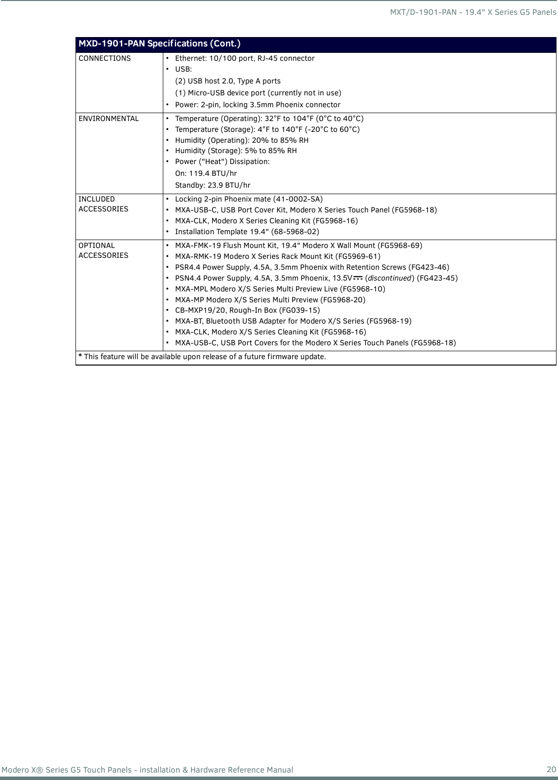 MXT/D-1901-PAN - 19.4&quot; X Series G5 Panels20Modero X® Series G5 Touch Panels - installation &amp; Hardware Reference ManualMXD-1901-PAN Specif ications (Cont.)CONNECTIONS • Ethernet: 10/100 port, RJ-45 connector•USB:(2) USB host 2.0, Type A ports(1) Micro-USB device port (currently not in use)• Power: 2-pin, locking 3.5mm Phoenix connectorENVIRONMENTAL • Temperature (Operating): 32°F to 104°F (0°C to 40°C)• Temperature (Storage): 4°F to 140°F (-20°C to 60°C)• Humidity (Operating): 20% to 85% RH• Humidity (Storage): 5% to 85% RH• Power (&quot;Heat&quot;) Dissipation:On: 119.4 BTU/hrStandby: 23.9 BTU/hrINCLUDED ACCESSORIES• Locking 2-pin Phoenix mate (41-0002-SA)• MXA-USB-C, USB Port Cover Kit, Modero X Series Touch Panel (FG5968-18)• MXA-CLK, Modero X Series Cleaning Kit (FG5968-16)• Installation Template 19.4&quot; (68-5968-02)OPTIONAL ACCESSORIES• MXA-FMK-19 Flush Mount Kit, 19.4&quot; Modero X Wall Mount (FG5968-69)• MXA-RMK-19 Modero X Series Rack Mount Kit (FG5969-61)• PSR4.4 Power Supply, 4.5A, 3.5mm Phoenix with Retention Screws (FG423-46)• PSN4.4 Power Supply, 4.5A, 3.5mm Phoenix, 13.5V  (discontinued) (FG423-45)• MXA-MPL Modero X/S Series Multi Preview Live (FG5968-10)• MXA-MP Modero X/S Series Multi Preview (FG5968-20)• CB-MXP19/20, Rough-In Box (FG039-15)• MXA-BT, Bluetooth USB Adapter for Modero X/S Series (FG5968-19)• MXA-CLK, Modero X/S Series Cleaning Kit (FG5968-16)• MXA-USB-C, USB Port Covers for the Modero X Series Touch Panels (FG5968-18)* This feature will be available upon release of a future firmware update.