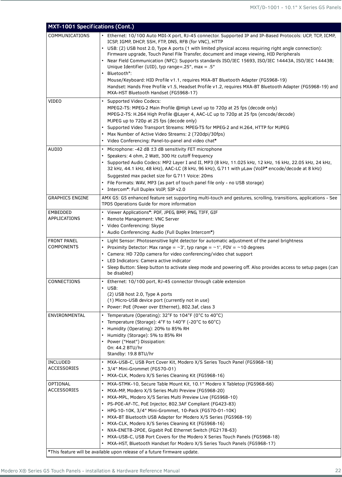 MXT/D-1001 - 10.1&quot; X Series G5 Panels22Modero X® Series G5 Touch Panels - installation &amp; Hardware Reference ManualMXT-1001 Specifications (Cont.)COMMUNICATIONS • Ethernet: 10/100 Auto MDI-X port, RJ-45 connector. Supported IP and IP-Based Protocols: UCP, TCP, ICMP, ICSP, IGMP, DHCP, SSH, FTP, DNS, RFB (for VNC), HTTP• USB: (2) USB host 2.0, Type A ports (1 with limited physical access requiring right angle connection): Firmware upgrade, Touch Panel File Transfer, document and image viewing, HID Peripherals• Near Field Communication (NFC): Supports standards ISO/IEC 15693, ISO/IEC 14443A, ISO/IEC 14443B; Unique Identifier (UID), typ range=.25&quot;, max = .5&quot;•Bluetooth*:Mouse/Keyboard: HID Profile v1.1, requires MXA-BT Bluetooth Adapter (FG5968-19)Handset: Hands Free Profile v1.5, Headset Profile v1.2, requires MXA-BT Bluetooth Adapter (FG5968-19) and MXA-HST Bluetooth Handset (FG5968-17)VIDEO • Supported Video Codecs:MPEG2-TS: MPEG-2 Main Profile @High Level up to 720p at 25 fps (decode only)MPEG-2-TS: H.264 High Profile @Layer 4, AAC-LC up to 720p at 25 fps (encode/decode)MJPEG up to 720p at 25 fps (decode only)• Supported Video Transport Streams: MPEG-TS for MPEG-2 and H.264, HTTP for MJPEG• Max Number of Active Video Streams: 2 (720dpi/30fps)• Video Conferencing: Panel-to-panel and video chat*AUDIO • Microphone: -42 dB ±3 dB sensitivity FET microphone• Speakers: 4 ohm, 2 Watt, 300 Hz cutoff frequency• Supported Audio Codecs: MP2 Layer I and II, MP3 (8 kHz, 11.025 kHz, 12 kHz, 16 kHz, 22.05 kHz, 24 kHz, 32 kHz, 44.1 kHz, 48 kHz), AAC-LC (8 kHz, 96 kHz), G.711 with μLaw (VoIP* encode/decode at 8 kHz)Suggested max packet size for G.711 Voice: 20ms• File Formats: WAV, MP3 (as part of touch panel file only - no USB storage)•Intercom*: Full Duplex VoIP, SIP v2.0GRAPHICS ENGINE AMX G5: G5 enhanced feature set supporting multi-touch and gestures, scrolling, transitions, applications - See TPD5 Operations Guide for more informationEMBEDDED APPLICATIONS• Viewer Applications*: PDF, JPEG, BMP, PNG, TIFF, GIF• Remote Management: VNC Server• Video Conferencing: Skype• Audio Conferencing: Audio (Full Duplex Intercom*)FRONT PANEL COMPONENTS• Light Sensor: Photosensitive light detector for automatic adjustment of the panel brightness• Proximity Detector: Max range = ~3&apos;, typ range = ~1&apos;, FOV = ~10 degrees• Camera: HD 720p camera for video conferencing/video chat support• LED Indicators: Camera active indicator• Sleep Button: Sleep button to activate sleep mode and powering off. Also provides access to setup pages (can be disabled)CONNECTIONS • Ethernet: 10/100 port, RJ-45 connector through cable extension•USB:(2) USB host 2.0, Type A ports(1) Micro-USB device port (currently not in use)• Power: PoE (Power over Ethernet), 802.3af, class 3ENVIRONMENTAL • Temperature (Operating): 32°F to 104°F (0°C to 40°C)• Temperature (Storage): 4°F to 140°F (-20°C to 60°C)• Humidity (Operating): 20% to 85% RH• Humidity (Storage): 5% to 85% RH• Power (&quot;Heat&quot;) Dissipation:On: 44.2 BTU/hrStandby: 19.8 BTU/hrINCLUDED ACCESSORIES• MXA-USB-C, USB Port Cover Kit, Modero X/S Series Touch Panel (FG5968-18)• 3/4&quot; Mini-Grommet (FG570-01)• MXA-CLK, Modero X/S Series Cleaning Kit (FG5968-16)OPTIONAL ACCESSORIES• MXA-STMK-10, Secure Table Mount Kit, 10.1&quot; Modero X Tabletop (FG5968-66)• MXA-MP, Modero X/S Series Multi Preview (FG5968-20)• MXA-MPL, Modero X/S Series Multi Preview Live (FG5968-10)• PS-POE-AF-TC, PoE Injector, 802.3AF Compliant (FG423-83)• HPG-10-10K, 3/4&quot; Mini-Grommet, 10-Pack (FG570-01-10K)• MXA-BT Bluetooth USB Adapter for Modero X/S Series (FG5968-19)• MXA-CLK, Modero X/S Series Cleaning Kit (FG5968-16)• NXA-ENET8-2POE, Gigabit PoE Ethernet Switch (FG2178-63)• MXA-USB-C, USB Port Covers for the Modero X Series Touch Panels (FG5968-18)• MXA-HST, Bluetooth Handset for Modero X/S Series Touch Panels (FG5968-17)*This feature will be available upon release of a future firmware update.
