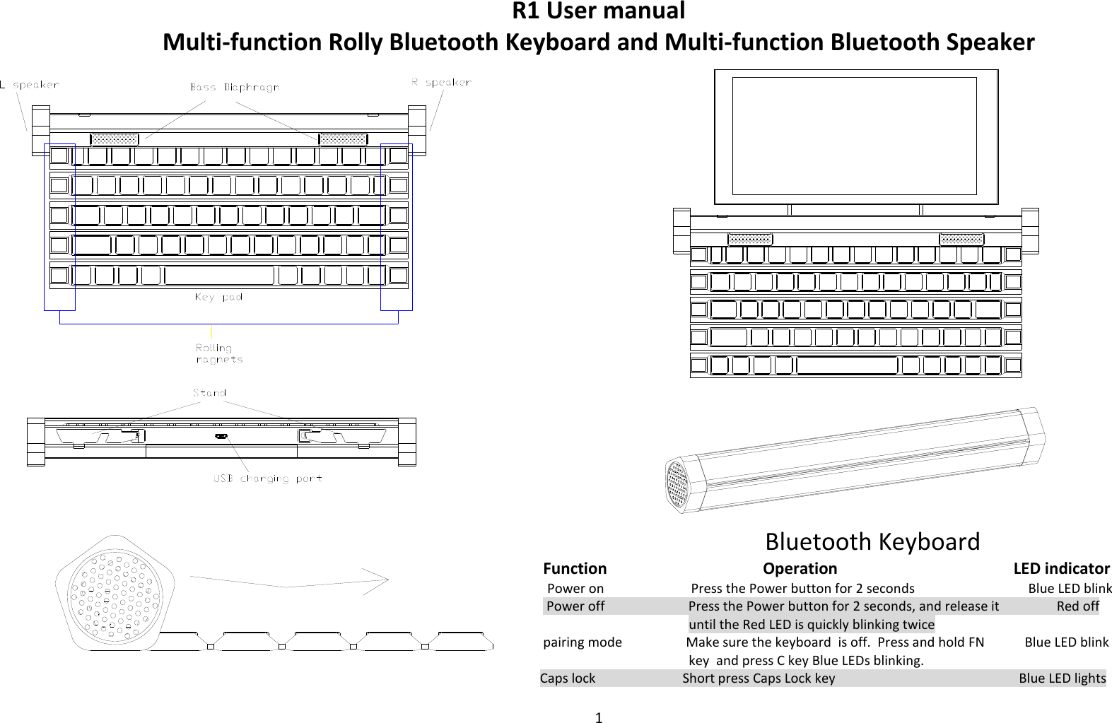   1  R1 User manual Multi-function Rolly Bluetooth Keyboard and Multi-function Bluetooth Speaker                                                                                                                                         Bluetooth Keyboard                                                                                           Function                                       Operation                                            LED indicator                                                                                                                                                       Power on                          Press the Power button for 2 seconds                                  Blue LED blink                                                                                                                                                                                    Power off                         Press the Power button for 2 seconds, and release it                 Red off                   until the Red LED is quickly blinking twice                                                                                                                                                                   pairing mode                   Make sure the keyboard  is off.  Press and hold FN            Blue LED blink            key  and press C key Blue LEDs blinking.                                                                                                                                                                  Caps lock                          Short press Caps Lock key                                                       Blue LED lights                                                                                                                        