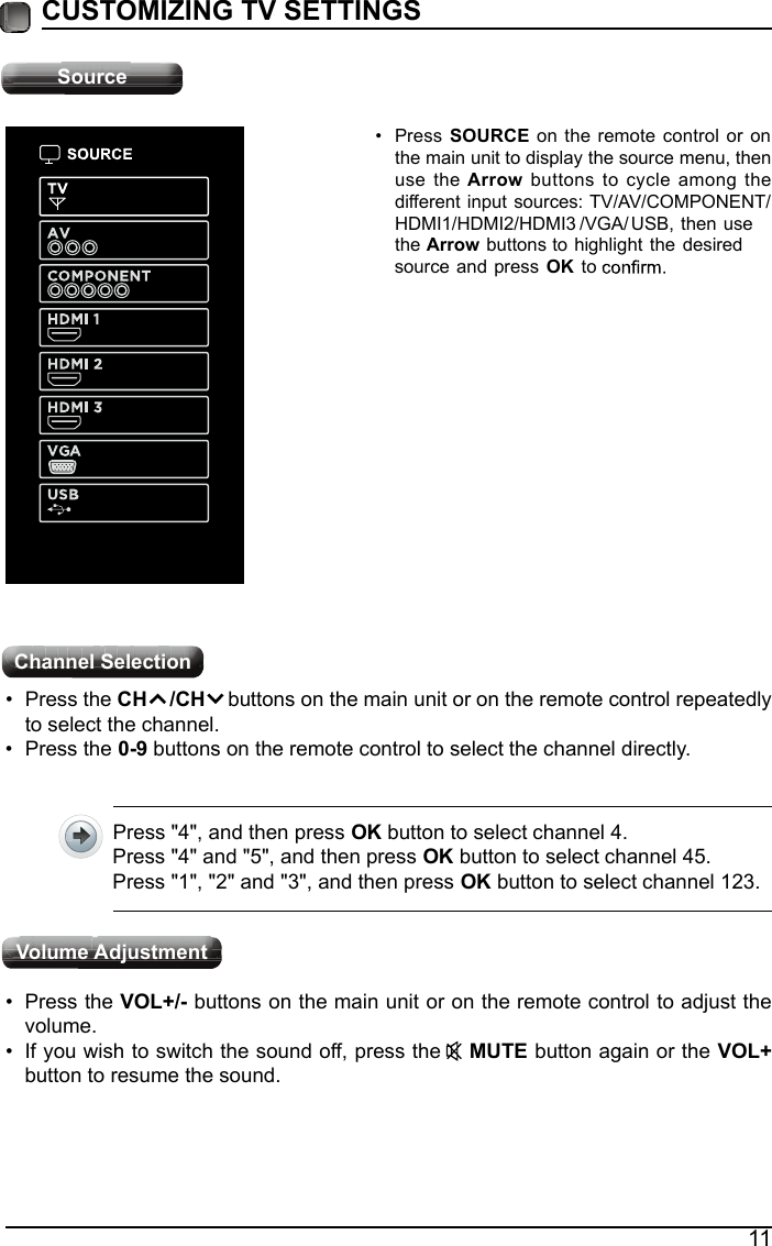 11CUSTOMIZING TV SETTINGSSource&bull;  Press SOURCE on the remote control or on the main unit to display the source menu, then use the Arrow buttons to cycle among the different input sources: TV/AV/COMPONENT/HDMI1/HDMI2/HDMI3 /VGA/USB, then use the Arrow buttons to highlight the desired source and press  OK to Channel Selection &bull; Press the CH    /CH    buttons on the main unit or on the remote control repeatedly to select the channel.&bull; Press the 0-9 buttons on the remote control to select the channel directly.Press "4", and then press OK button to select channel 4.Press "4" and "5", and then press OK button to select channel 45.Press "1", "2" and "3", and then press OK button to select channel 123.&bull;  Press the VOL+/- buttons on the main unit or on the remote control to adjust the volume.&bull; If you wish to switch the sound off, press the    MUTE button again or the VOL+ button to resume the sound.Volume AdjustmentSourceChannel Selection Volume Adjustment