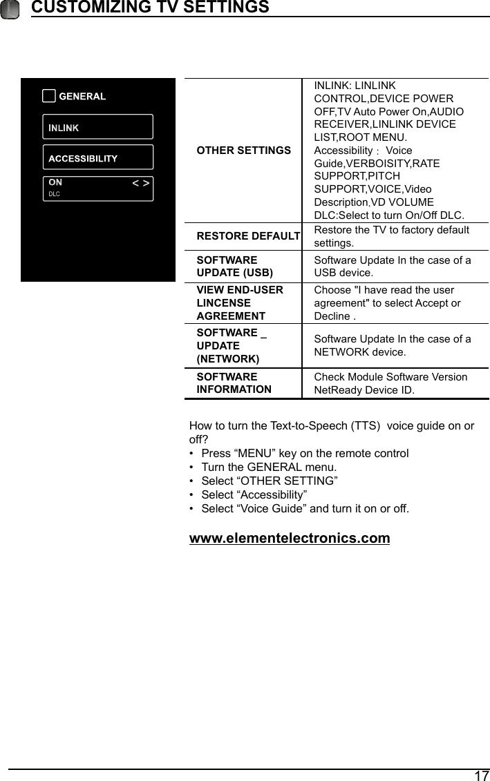 17CUSTOMIZING TV SETTINGSOTHER SETTINGSINLINK: LINLINK CONTROL,DEVICE POWER OFF,TV Auto Power On,AUDIO RECEIVER,LINLINK DEVICE LIST,ROOT MENU.Accessibility  Voice Guide,VERBOISITY,RATE SUPPORT,PITCH SUPPORT,VOICE,Video Description VD VOLUMEDLC:Select to turn On/Off DLC.RESTORE DEFAULT Restore the TV to factory default settings.SOFTWARE UPDATE (USB)Software Update In the case of a USB device.VIEW END-USERLINCENSE AGREEMENTChoose "I have read the user agreement" to select Accept or Decline .SOFTWARE _UPDATE (NETWORK)Software Update In the case of a NETWORK device.SOFTWARE INFORMATIONCheck Module Software Version NetReady Device ID.How to turn the Text-to-Speech (TTS)   voice guide on or off? &bull; Press &ldquo;MENU&rdquo; key on the remote control&bull; Turn the GENERAL menu.&bull; Select &ldquo;OTHER SETTING&rdquo;&bull; Select &ldquo;Accessibility&rdquo;&bull; Select &ldquo;Voice Guide&rdquo; and turn it on or off.www.elementelectronics.com 