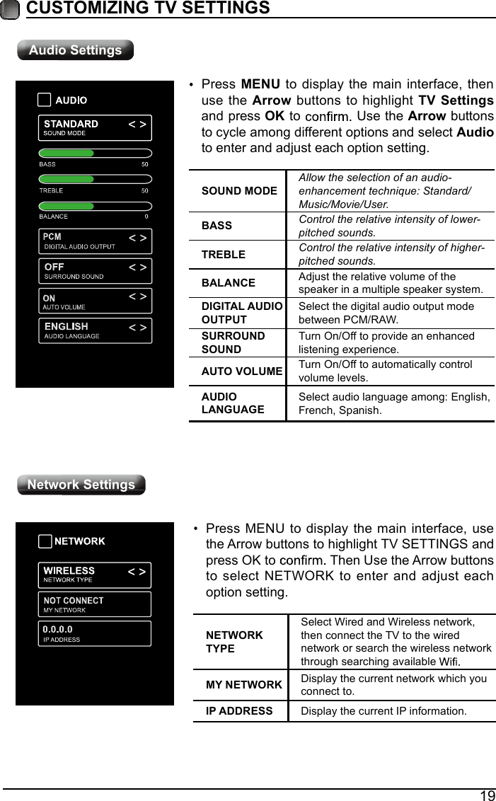 19&Yacute;&Euml;&Iacute;&Igrave;&Ntilde;&Oacute;&times;&AElig;&times;&Ograve;&Ugrave; &Igrave;&Ecirc; &Iacute;&Ucirc;&Igrave;&Igrave;&times;&Ograve;&Ugrave;&Iacute;&Iacute;&Ntilde;&Euml;&Ograve;&Uuml; &Oacute;&Ntilde;&Uuml;&Ucirc;Allow the selection of an audio-enhancement technique: Standard/Music/Movie/User.&THORN;&szlig;&Iacute;&Iacute; Control the relative intensity of lower-pitched sounds.&Igrave;&Icirc;&Ucirc;&THORN;&Ocirc;&Ucirc; Control the relative intensity of higher-pitched sounds.&THORN;&szlig;&Ocirc;&szlig;&Ograve;&Yacute;&Ucirc; Adjust the relative volume of the speaker in a multiple speaker system.&Uuml;&times;&Ugrave;&times;&Igrave;&szlig;&Ocirc; &szlig;&Euml;&Uuml;&times;&Ntilde; &Ntilde;&Euml;&Igrave;&ETH;&Euml;&Igrave;Select the digital audio output mode between PCM/RAW.&Iacute;&Euml;&Icirc;&Icirc;&Ntilde;&Euml;&Ograve;&Uuml; &Iacute;&Ntilde;&Euml;&Ograve;&Uuml;Turn On/Off to provide an enhanced listening experience.&szlig;&Euml;&Igrave;&Ntilde; &Ecirc;&Ntilde;&Ocirc;&Euml;&Oacute;&Ucirc; Turn On/Off to automatically control volume levels.&szlig;&Euml;&Uuml;&times;&Ntilde; &Ocirc;&szlig;&Ograve;&Ugrave;&Euml;&szlig;&Ugrave;&Ucirc;Select audio language among: English, French, Spanish.Press &Oacute;&Ucirc;&Ograve;&Euml; to display the main interface, then use the &szlig;&reg;&reg;&plusmn;&copy; buttons to highlight  &Igrave;&Ecirc; &Iacute;&raquo;&not;&not;&middot;&sup2;&sup1;- and press &Ntilde;&Otilde; to   Use the &szlig;&reg;&reg;&plusmn;&copy; buttons to cycle among different options and select &szlig;&laquo;&frac14;&middot;&plusmn; to enter and adjust each option setting.&Ograve;&Ucirc;&Igrave;&Eacute;&Ntilde;&Icirc;&Otilde; &Igrave;&Ccedil;&ETH;&Ucirc;Select Wired and Wireless network, then connect the TV to the wired network or search the wireless network through searching available &Oacute;&Ccedil; &Ograve;&Ucirc;&Igrave;&Eacute;&Ntilde;&Icirc;&Otilde; Display the current network which you connect to.&times;&ETH; &szlig;&Uuml;&Uuml;&Icirc;&Ucirc;&Iacute;&Iacute; Display the current IP information.Press MENU to display the main interface, use the Arrow buttons to highlight TV SETTINGS and press OK to   Then Use the Arrow buttons to select NETWORK to enter and adjust each option setting.&szlig;&laquo;&frac14;&middot;&plusmn; &Iacute;&raquo;&not;&not;&middot;&sup2;&sup1;-&Ograve;&raquo;&not;&copy;&plusmn;&reg;&micro; &Iacute;&raquo;&not;&not;&middot;&sup2;&sup1;-