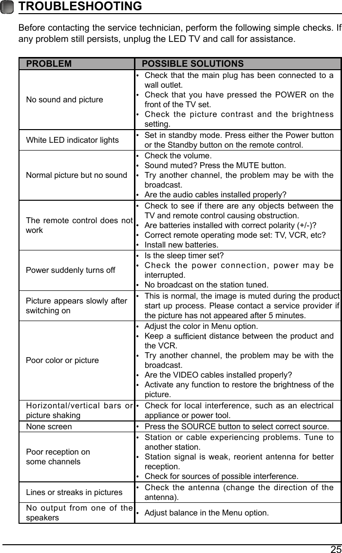 25Before contacting the service technician, perform the following simple checks. If any problem still persists, unplug the LED TV and call for assistance.&ETH;&Icirc;&Ntilde;&THORN;&Ocirc;&Ucirc;&Oacute; &ETH;&Ntilde;&Iacute;&Iacute;&times;&THORN;&Ocirc;&Ucirc; &Iacute;&Ntilde;&Ocirc;&Euml;&Igrave;&times;&Ntilde;&Ograve;&Iacute;No sound and pictureCheck that the main plug has been connected to a wall outlet.Check that you have pressed the POWER on the front of the TV set.Check the picture contrast and the brightness setting.White LED indicator lights Set in standby mode. Press either the Power button or the Standby button on the remote control. Normal picture but no soundCheck the volume.Sound muted? Press the MUTE button. Try another channel, the problem may be with the broadcast. Are the audio cables installed properly? The remote control does not workCheck to see if there are any objects between the TV and remote control causing obstruction. Are batteries installed with correct polarity (+/-)?Correct remote operating mode set: TV, VCR, etc?Install new batteries. Power suddenly turns off Is the sleep timer set?Check the power connection, power may be interrupted. No broadcast on the station tuned. Picture appears slowly after switching on This is normal, the image is muted during the product start up process. Please contact a service provider if the picture has not appeared after 5 minutes. Poor color or pictureAdjust the color in Menu option.Keep a   distance between the product and the VCR.Try another channel, the problem may be with the broadcast.Are the VIDEO cables installed properly?Activate any function to restore the brightness of the picture.Horizontal/vertical bars or picture shakingCheck for local interference, such as an electrical appliance or power tool.None screen  Press the SOURCE button to select correct source.Poor reception on some channelsStation or cable experiencing problems. Tune to another station.Station signal is weak, reorient antenna for better reception.Check for sources of possible interference. Lines or streaks in pictures Check the antenna (change the direction of the antenna).No output from one of the speakers Adjust balance in the Menu option.&Igrave;&Icirc;&Ntilde;&Euml;&THORN;&Ocirc;&Ucirc;&Iacute;&Oslash;&Ntilde;&Ntilde;&Igrave;&times;&Ograve;&Ugrave;