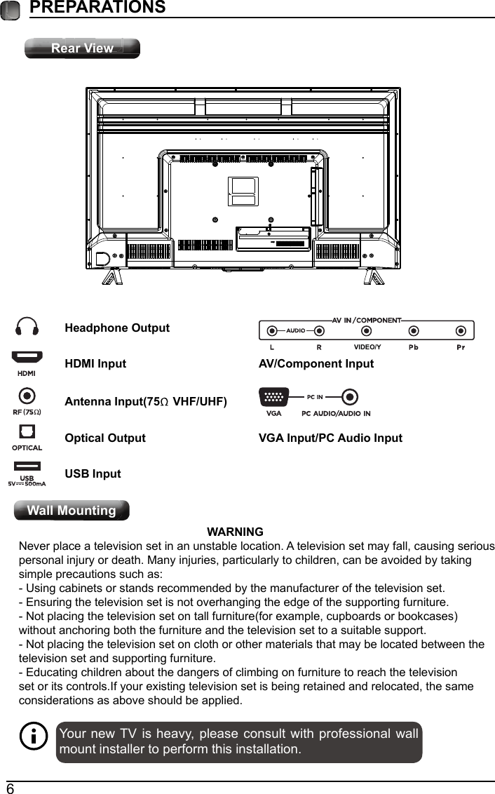 6PREPARATIONS Rear ViewYour new TV is heavy, please consult with professional wall mount installer to perform this installation.                                                           WARNING Never place a television set in an unstable location. A television set may fall, causing serious personal injury or death. Many injuries, particularly to children, can be avoided by taking simple precautions such as:- Using cabinets or stands recommended by the manufacturer of the television set.- Ensuring the television set is not overhanging the edge of the supporting furniture.- Not placing the television set on tall furniture(for example, cupboards or bookcases) without anchoring both the furniture and the television set to a suitable support.- Not placing the television set on cloth or other materials that may be located between the television set and supporting furniture.- Educating children about the dangers of climbing on furniture to reach the television set or its controls.If your existing television set is being retained and relocated, the same considerations as above should be applied.Wall MountingHeadphone OutputHDMI InputAntenna Input(75  VHF/UHF)Optical OutputUSB InputVGA Input/PC Audio InputAV/Component InputVIDEO/YRear ViewWall Mounting