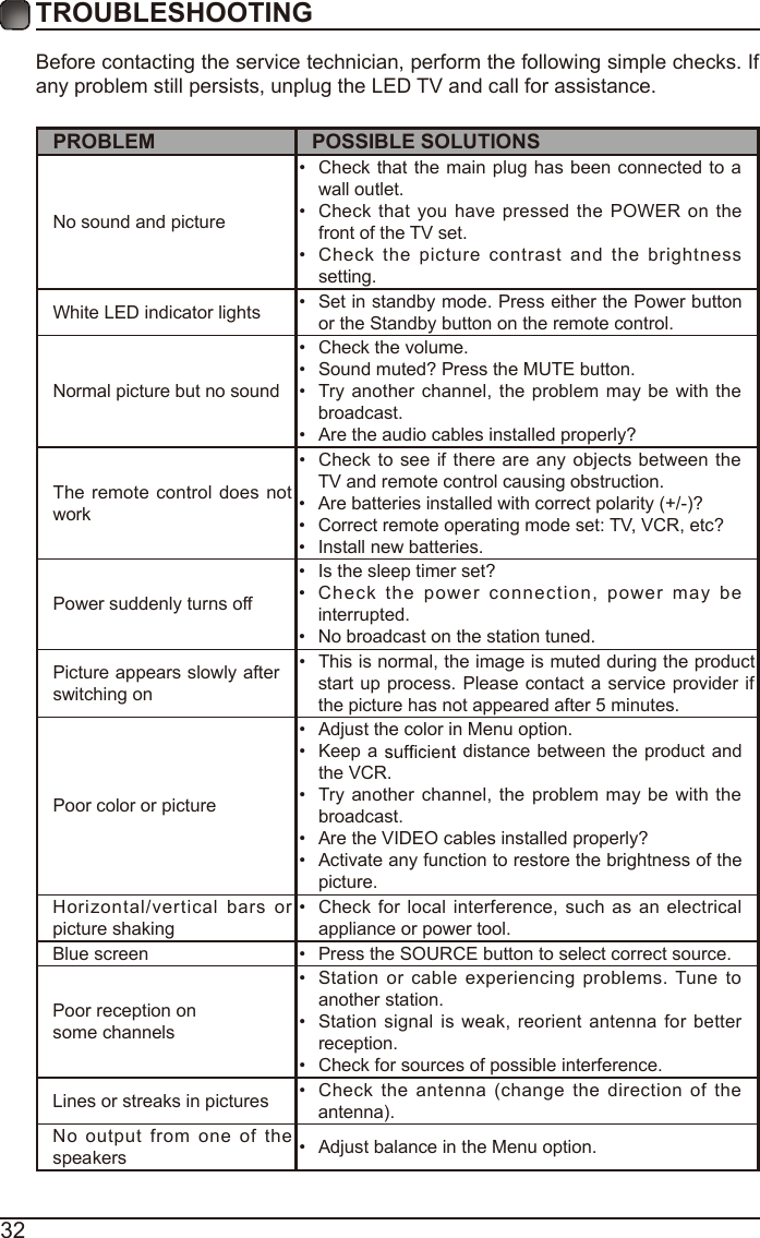 32Before contacting the service technician, perform the following simple checks. If any problem still persists, unplug the LED TV and call for assistance.PROBLEM POSSIBLE SOLUTIONSNo sound and picture&bull; Check that the main plug has been connected to a wall outlet.&bull; Check that you have pressed the POWER on the front of the TV set.&bull; Check the picture contrast and the brightness setting.White LED indicator lights &bull; Set in standby mode. Press either the Power button or the Standby button on the remote control. Normal picture but no sound&bull; Check the volume.&bull; Sound muted? Press the MUTE button. &bull; Try another channel, the problem may be with the broadcast. &bull; Are the audio cables installed properly? The remote control does not work&bull; Check to see if there are any objects between the TV and remote control causing obstruction. &bull; Are batteries installed with correct polarity (+/-)?&bull; Correct remote operating mode set: TV, VCR, etc?&bull; Install new batteries. Power suddenly turns off &bull; Is the sleep timer set?&bull; Check the power connection, power may be interrupted. &bull; No broadcast on the station tuned. Picture appears slowly after switching on &bull; This is normal, the image is muted during the product start up process. Please contact a service provider if the picture has not appeared after 5 minutes. Poor color or picture&bull; Adjust the color in Menu option.&bull; Keep a   distance between the product and the VCR.&bull; Try another channel, the problem may be with the broadcast.&bull; Are the VIDEO cables installed properly?&bull; Activate any function to restore the brightness of the picture.Horizontal/vertical bars or picture shaking&bull; Check for local interference, such as an electrical appliance or power tool.Blue screen  &bull; Press the SOURCE button to select correct source.Poor reception on some channels&bull; Station or cable experiencing problems. Tune to another station.&bull; Station signal is weak, reorient antenna for better reception.&bull; Check for sources of possible interference. Lines or streaks in pictures &bull; Check the antenna (change the direction of the antenna).No output from one of the speakers &bull; Adjust balance in the Menu option.TROUBLESHOOTING 