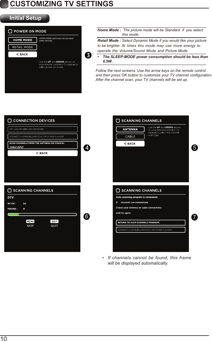 10CUSTOMIZING TV SETTINGS Initial Setup&bull;  If  channels  cannot  be found,  this frame will be displayed automatically.675Home Mode :  The picture mode will be Standard  if  you select  this mode.Retail Mode : Select Dynamic Mode if you would like your picture times  this  mode  may  use  more  energy  to operate  the  VolumFollow the next screens. Use the arrow keys on the remote control and then press OK button to customize your TV channel configuration. After the channel scan, your TV channels will be set up.e/Sound  Mode and  Picture Mode.&bull;  The SLEEP-MODE power consumption should be less than 0.5W.to be brighter. At