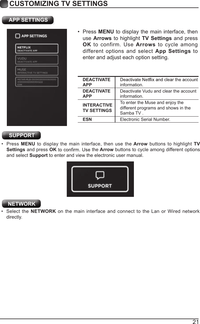 21CUSTOMIZING TV SETTINGS APP SETTINGS&bull;  Press MENU to display the main interface, then use Arrows to highlight TV Settings  and press OK  to confirm.  Use  Arrows  to  cycle  among different  options  and select  App Settings  to enter and adjust each option setting.DEACTIVATE APP information.DEACTIVATE APPDeactivate Vudu and clear the account information.INTERACTIVE TV SETTINGSTo enter the Muse and enjoy the different programs and shows in the Samba TV .ESN Electronic Serial Number.&bull;  Press MENU to display the main interface, then use the Arrow buttons to highlight  TV Settings and press OK the Arrow buttons to cycle among different options and select Support to enter and view the electronic user manual.&bull;  Select the  NETWORK on the main interface and  connect to the  Lan or Wired network directly. SUPPORT NETWORK