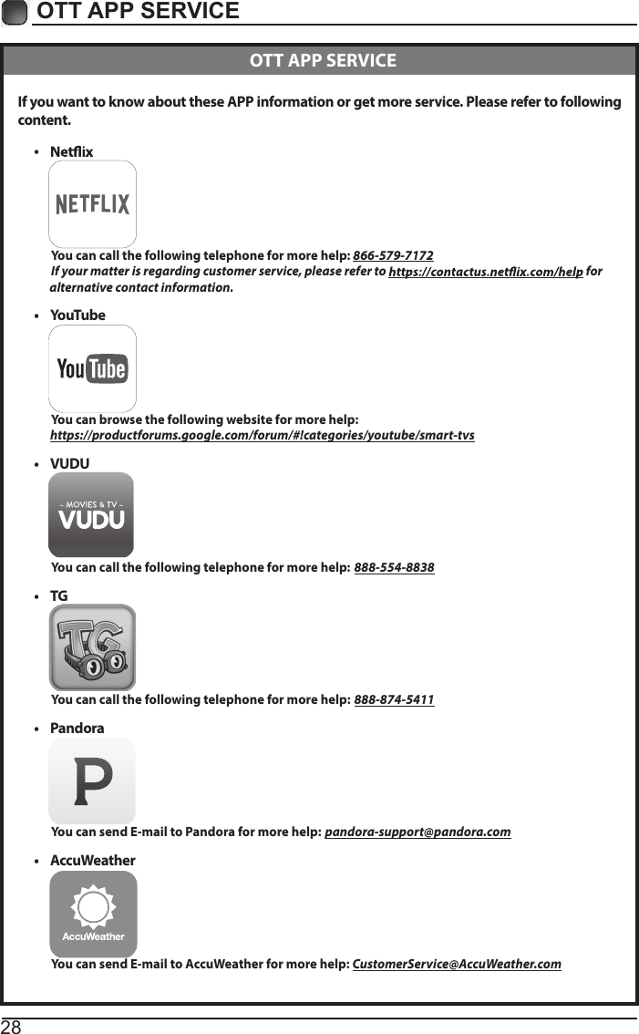 28OTT APP SERVICE If you want to know about these APP information or get more service. Please refer to following content.&bull;           You can call the following telephone for more help: 866-579-7172         If your matter is regarding customer service, please refer to   for               alternative contact information.&bull;  YouTube          You can browse the following website for more help:         https://productforums.google.com/forum/#!categories/youtube/smart-tvs&bull; VUDU          You can call the following telephone for more help: 888-554-8838&bull;  TG          You can call the following telephone for more help: 888-874-5411&bull;  Pandora          You can send E-mail to Pandora for more help: pandora-support@pandora.com&bull;  AccuWeather          You can send E-mail to AccuWeather for more help: CustomerService@AccuWeather.com  OTT APP SERVICE