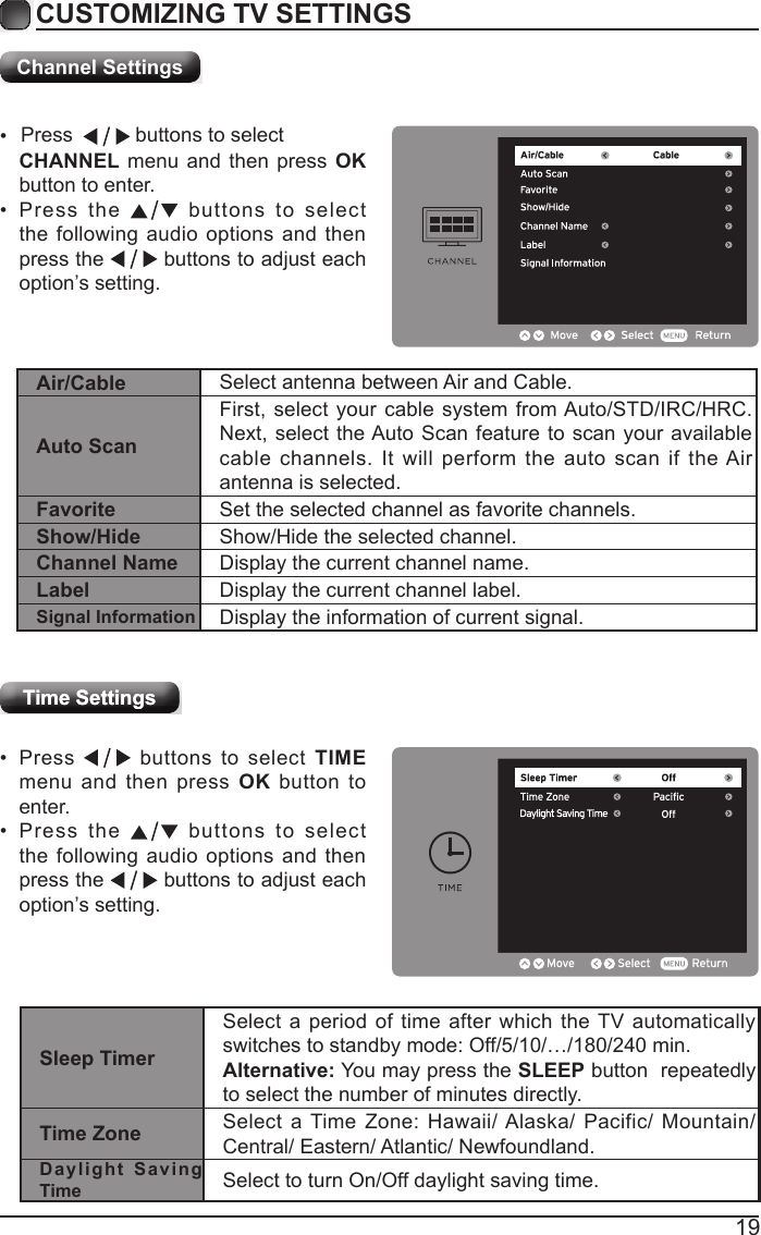 19CUSTOMIZING TV SETTINGSChannel SettingsTime SettingsTime SettingsAir/Cable Select antenna between Air and Cable. Auto ScanFirst, select your cable system from Auto/STD/IRC/HRC. Next, select the Auto Scan feature  to scan your available cable  channels.  It  will  perform  the  auto  scan  if  the Air antenna is selected.Favorite Set the selected channel as favorite channels.Show/Hide Show/Hide the selected channel.Channel Name Display the current channel name.Label Display the current channel label.Signal Information Display the information of current signal.Sleep TimerSelect a period  of  time  after which  the TV  automatically switches to standby mode: Off/5/10/&hellip;/180/240 min.Alternative: You may press the SLEEP button  repeatedly to select the number of minutes directly. Time Zone Select  a Time  Zone:  Hawaii/ Alaska/  Pacific/ Mountain/ Central/ Eastern/ Atlantic/ Newfoundland.Daylight   Sa vin g Time Select to turn On/Off daylight saving time.&bull;  Press           buttons to select    CHANNEL menu  and then press  OK button to enter.&bull;  Press  the    buttons  to  select the following audio  options  and  then press the   buttons to adjust each option&rsquo;s setting.&bull;  Press    buttons  to  select  TIME menu  and  then  press  OK  button  to enter.&bull;  Press  the    buttons  to  select the following audio  options  and  then press the   buttons to adjust each option&rsquo;s setting.
