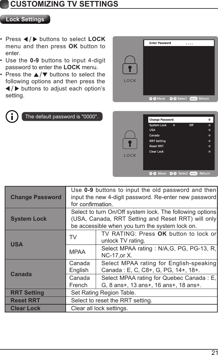 21CUSTOMIZING TV SETTINGS&bull;  Press   buttons to select LOCK menu and then press OK button to enter. &bull;  Use the 0-9 buttons to input 4-digit password to enter the LOCK menu.&bull;  Press the   buttons to select the following options and then press the  buttons to adjust each option&rsquo;s setting.The default password is "0000".Lock SettingsChange PasswordUse 0-9 buttons to input the old password and then input the new 4-digit password. Re-enter new password for System LockSelect to turn On/Off system lock. The following options (USA, Canada, RRT Setting and Reset RRT) will only be accessible when you turn the system lock on.USATV TV RATING: Press OK button to lock or unlock TV rating.MPAA Select MPAA rating : N/A,G, PG, PG-13, R, NC-17,or X.CanadaCanada EnglishSelect MPAA rating for English-speaking Canada : E, C, C8+, G, PG, 14+, 18+.Canada FrenchSelect MPAA rating for Quebec Canada : E, G, 8 ans+, 13 ans+, 16 ans+, 18 ans+.RRT Setting Set Rating Region Table.Reset RRT Select to reset the RRT setting.Clear Lock Clear all lock settings. 
