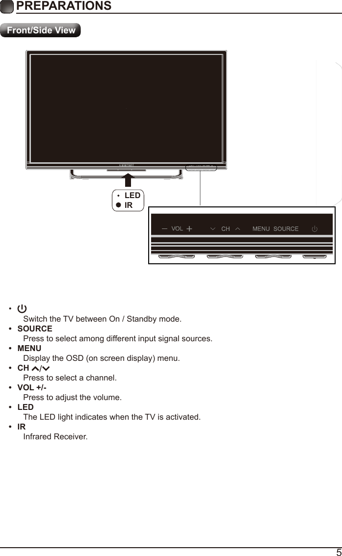 5&bull; Switch the TV between On / Standby mode.&bull;  SOURCEPress to select among different input signal sources.&bull;  MENUDisplay the OSD (on screen display) menu.&bull;  CH Press to select a channel.&bull;  VOL +/-Press to adjust the volume.&bull;  LEDThe LED light indicates when the TV is activated.&bull;  IRInfrared Receiver.PREPARATIONS Front/Side ViewLEDIR