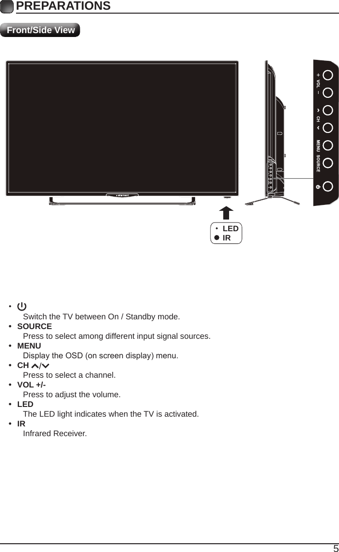 5&bull;Switch the TV between On / Standby mode.&bull;  SOURCEPress to select among different input signal sources.&bull;  MENUDisplaytheOSD(onscreendisplay)menu.&bull;  CH Press to select a channel.&bull;  VOL +/-Press to adjust the volume.&bull;  LEDThe LED light indicates when the TV is activated.&bull;  IRInfrared Receiver.PREPARATIONS Front/Side ViewLEDIR