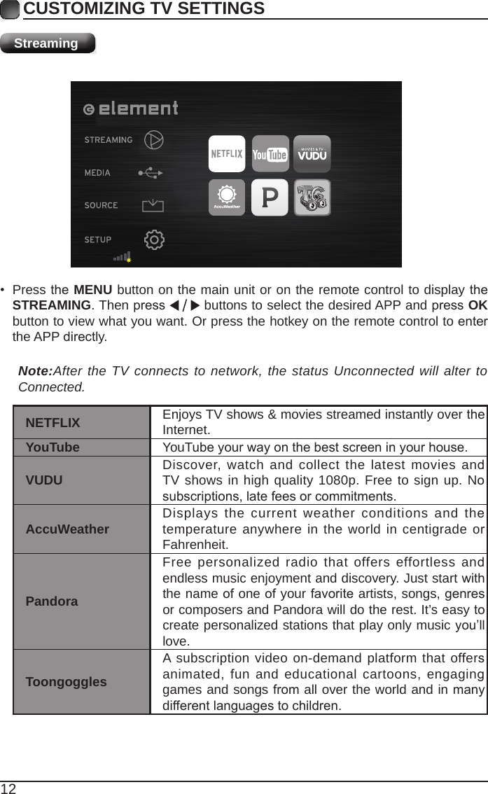 12CUSTOMIZING TV SETTINGSStreaming&bull;  Press the MENU button on the main unit or on the remote control to display the STREAMING. Then press   buttons to select the desired APP and press OK button to view what you want. Or press the hotkey on the remote control to enter the APP directly.Note:After the TV connects to network, the status Unconnected will alter to Connected.NETFLIX Enjoys TV shows &amp; movies streamed instantly over the Internet.YouTube YouTube your way on the best screen in your house.VUDU Discover, watch and collect the latest movies and TV shows in high quality 1080p. Free to sign up. No subscriptions, late fees or commitments. AccuWeather Displays the current weather conditions and the temperature anywhere in the world in centigrade or Fahrenheit.PandoraFree personalized radio that offers effortless and endless music enjoyment and discovery. Just start with the name of one of your favorite artists, songs, genres or composers and Pandora will do the rest. It&rsquo;s easy to create personalized stations that play only music you&rsquo;ll love.ToongogglesA subscription video on-demand platform that offers animated,  fun and educational cartoons, engaging games and songs from all over the world and in many different languages to children.