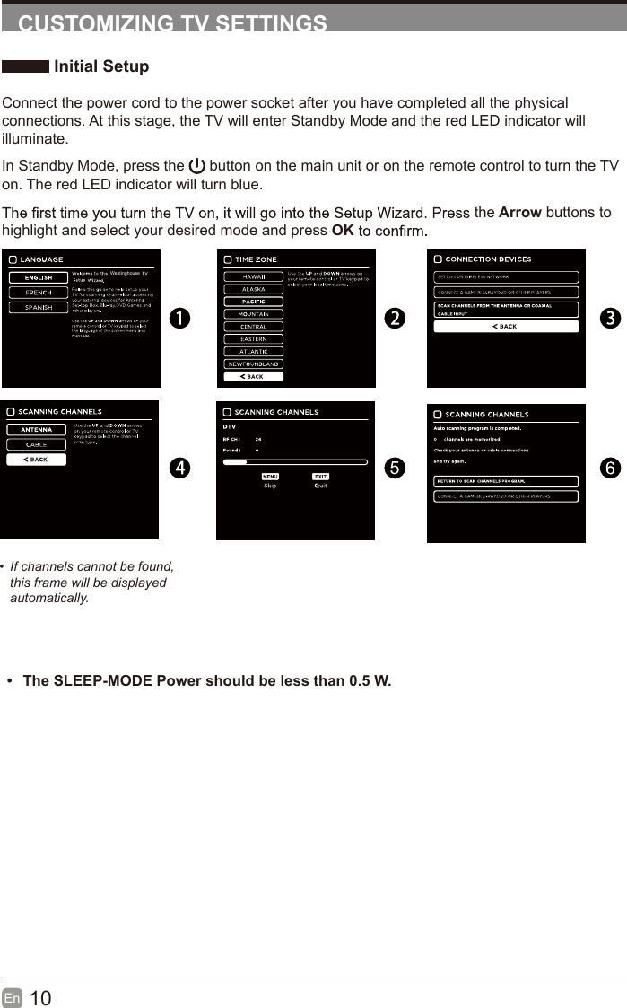 10En  CUSTOMIZING TV SETTINGS Initial SetupConnect the power cord to the power socket after you have completed all the physical connections. At this stage, the TV will enter Standby Mode and the red LED indicator will illuminate. In Standby Mode, press the   button on the main unit or on the remote control to turn the TV on. The red LED indicator will turn blue.the Arrow buttons to highlight and select your desired mode and press OK5&bull;  If channels cannot be found, this frame will be displayed automatically.&bull;The SLEEP-MODE Power should be less than 0.5 W.Westinghouse