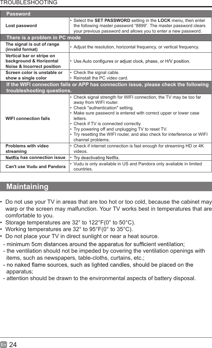 24En  TROUBLESHOOTINGPasswordLost password &bull;  Select the SET PASSWORD setting in the LOCK menu, then enter the following master password &ldquo;8899&rdquo;. The master password clears your previous password and allows you to enter a new password.There is a problem in PC modeThe signal is out of range (invalid format) &bull;  Adjust the resolution, horizontal frequency, or vertical frequency.Vertical bar or stripe on background &amp; Horizontal Noise &amp; Incorrect position &bull; Screen color is unstable or show a single color &bull;  Check the signal cable.&bull;  Reinstall the PC video card.If the WIFI connection fails or APP has connection issue, please check the following troubleshooting questions.WIFI connection fails&bull;  Check signal strength for WIFI connection, the TV may be too far away from WIFI router.&bull; Check "authentication" setting.&bull; Make sure password is entered with correct upper or lower case letters.&bull; Check if TV is connected correctly.&bull; Try powering off and unplugging TV to reset TV.&bull; Try resetting the WIFI router, and also check for interference or WIFI channel problems.Problems with video streaming &bull; Check if internet connection is fast enough for streaming HD or 4K videos. has connection issue &bull; Can't use Vudu and Pandora &bull;  Vudu is only available in US and Pandora only avaliable in limited countries.Maintaining&bull; Do not use your TV in areas that are too hot or too cold, because the cabinet maywarp or the screen may malfunction. Your TV works best in temperatures that arecomfortable to you.&bull; Storage temperatures are 32&deg; to 122&deg;F(0&deg; to 50&deg;C).&bull; Working temperatures are 32&deg; to 95&deg;F(0&deg; to 35&deg;C).&bull; Do not place your TV in direct sunlight or near a heat source.- the ventilation should not be impeded by covering the ventilation openings with    items, such as newspapers, table-cloths, curtains, etc.;  apparatus;- attention should be drawn to the environmental aspects of battery disposal.