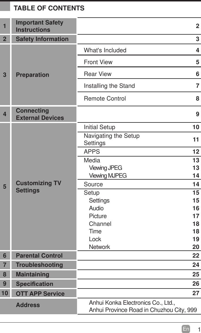 1En  TABLE OF CONTENTS1Important Safety Instructions 22 Safety Information 33 PreparationWhat's Included 4Front View 5Rear View 6Installing the Stand 7Remote Control 84Connecting External Devices 95Customizing TV SettingsInitial Setup 10Navigating the Setup Settings 11APPS 12Media                                                                                13Viewing JPEG   13Viewing MJPEG 14Source 14S e t u p                                                                                15Settings 15Audio 16Picture 17Channel 18Time 18Lock 19NetworAnhui Konka Electronics Co., Ltd., Anhui Province Road in Chuzhou City, 999k206 Parental Control 227 Troubleshooting 248 Maintaining 2592610 OTTAddress APP Service 27