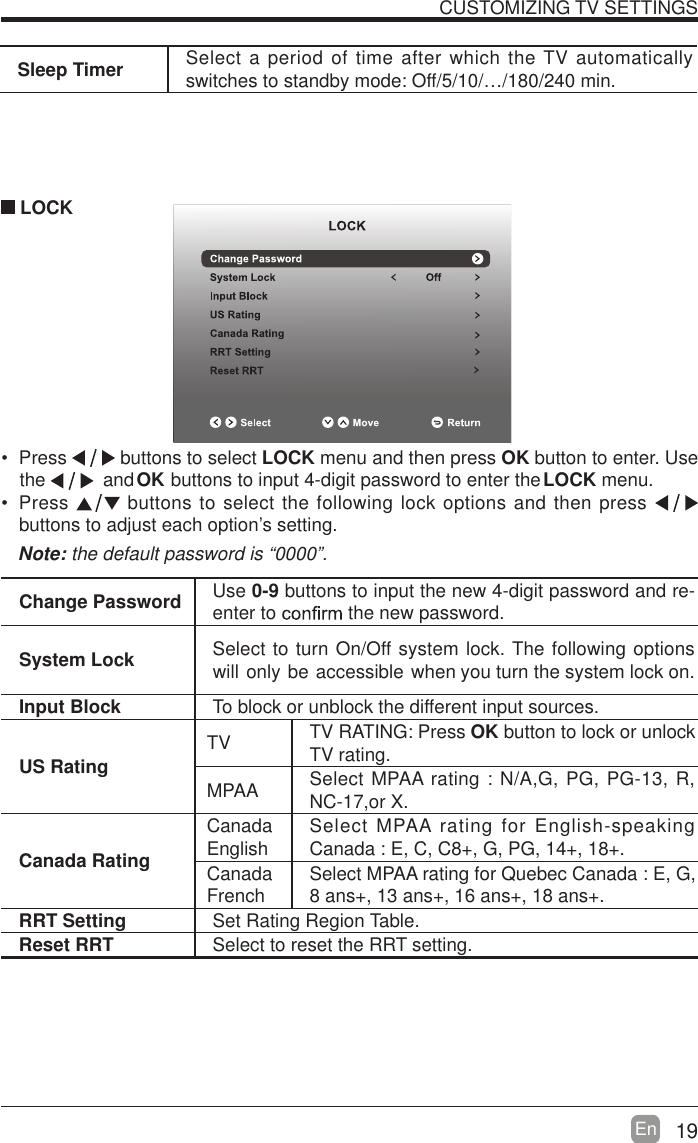 19En  Sleep Timer Select a period of time after which the TV automatically switches to standby mode: Off/5/10/&hellip;/180/240 min. Press   buttons to select LOCK menu and then press OK  button to enter. Use the           and       buttons to input 4-digit password to enter the LOCKOK  menu. Press   buttons to select the following lock options and then press buttons to adjust each option&rsquo;s setting. LOCKNote: the default password is &ldquo;0000&rdquo;. Change Password Use 0-9 buttons to input the new 4-digit password and re-enter to   the new password.System Lock Select to turn On/Off system lock. The following options      will only be accessible when you turn the system lock on.Input Block To block or unblock the different input sources. US Rating TV TV RATING: Press OK button to lock or unlock TV rating.MPAA Select MPAA rating : N/A,G, PG, PG-13, R, NC-17,or X.Canada RatingCanada English Select MPAA rating for English-speaking Canada : E, C, C8+, G, PG, 14+, 18+.Canada French Select MPAA rating for Quebec Canada : E, G, 8 ans+, 13 ans+, 16 ans+, 18 ans+.RRT Setting Set Rating Region Table.Reset RRT Select to reset the RRT setting.CUSTOMIZING TV SETTINGS