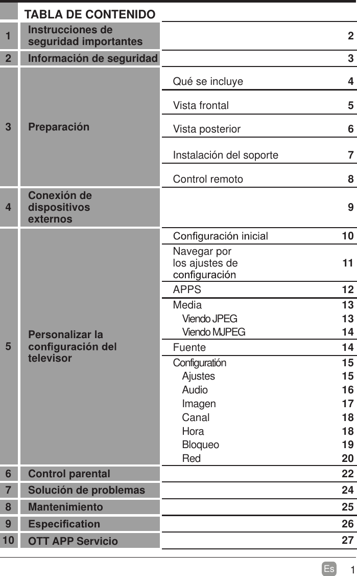 1EsTABLA DE CONTENIDO1Instrucciones de seguridad importantes 22 Informaci&oacute;n de seguridad 33 Preparaci&oacute;nQu&eacute; se incluye 4Vista frontal 5Vista posterior 6Instalaci&oacute;n del soporte 7Control remoto 84Conexi&oacute;n de  dispositivosexternos 95Personalizar la televisor 10Navegar por los ajustes de  11APPS 12Media                                                                                 13Viendo JPEG    13Viendo MJPEG 14Fuente 14Configurati&oacute;n                                                                               15Ajustes 15Audio 16Imagen 17Canal 18Hora 18Bloqueo 19Red 206 Control parental 227 Soluci&oacute;n de problemas 248 Mantenimiento 2592610 OTT APP Servicio 27