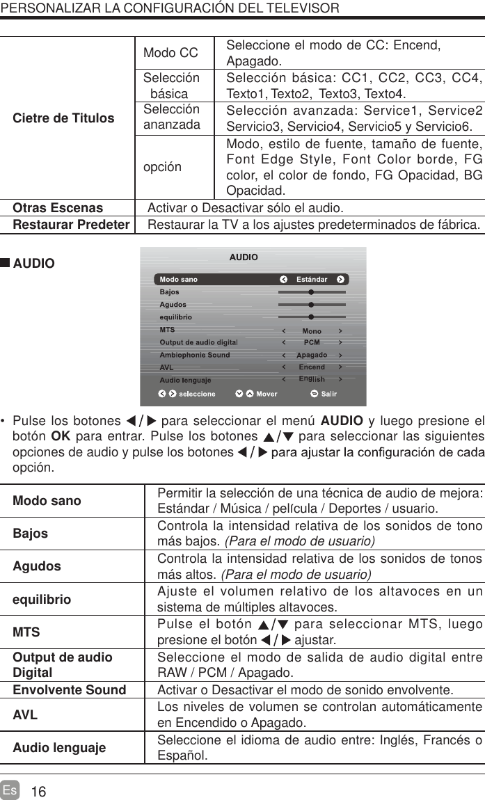 16EsCietre de TitulosModo CC Seleccione el modo de CC: Encend,Apagado.Selecci&oacute;n  b&aacute;sica Selecci&oacute;n b&aacute;sica: CC1, CC2, CC3, CC4, Texto1, Texto2, Texto3, Texto4.Selecci&oacute;nananzada Selecci&oacute;n avanzada: Service1, Service2 Servicio3, Servicio4, Servicio5 y Servicio6.opci&oacute;nModo, estilo de fuente, tama&ntilde;o de fuente, Font Edge Style, Font Color borde, FG color, el color de fondo, FG Opacidad, BG Opacidad.Otras Escenas Activar o Desactivar s&oacute;lo el audio.Restaurar Predeter Restaurar la TV a los ajustes predeterminados de f&aacute;brica.  Pulse los botones   para seleccionar el men&uacute; AUDIO y luego presione el bot&oacute;n OK para entrar. Pulse los botones   para seleccionar las siguientes opciones de audio y pulse los botones opci&oacute;n. AUDIOModo sano Permitir la selecci&oacute;n de una t&eacute;cnica de audio de mejora: Est&aacute;ndar / M&uacute;sica / pel cula / Deportes / usuario.lBajos Controla la intensidad relativa de los sonidos de tono m&aacute;s bajos. (Para el modo de usuario)Agudos Controla la intensidad relativa de los sonidos de tonos m&aacute;s altos. (Para el modo de usuario)equilibrio Ajuste el volumen relativo de los altavoces en un sistema de m&uacute;ltiples altavoces.MTS Pulse el bot&oacute;n   para seleccionar MTS, luego presione el bot&oacute;n   ajustar.Output de audio Digital Seleccione el modo de salida de audio digital entre RAW / PCM / Apagado.Envolvente Sound Activar o Desactivar el modo de sonido envolvente.AVL Los niveles de volumen se controlan autom&aacute;ticamente en Encendido o Apagado.Audio lenguaje Seleccione el idioma de audio entre: Ingl&eacute;s, Franc&eacute;s o Espa&ntilde;ol.PERSONALIZAR LA CONFIGURACI&Oacute;N DEL TELEVISOR 