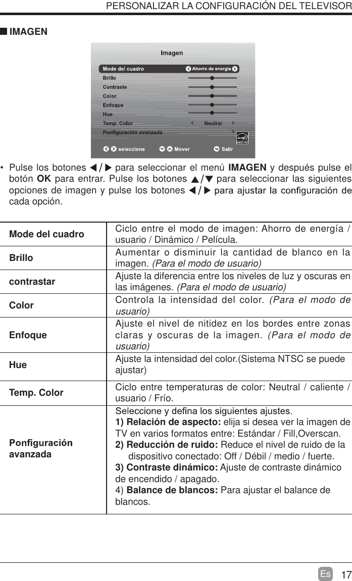 17Es  Pulse los botones   para seleccionar el men&uacute; IMAGEN y despu&eacute;s pulse el bot&oacute;n OK para entrar. Pulse los botones   para seleccionar las siguientes opciones de imagen y pulse los botones cada opci&oacute;n. IMAGENMode del cuadro Ciclo entre el modo de imagen: Ahorro de energ&iacute;a / usuario / Din&aacute;mico / Pel&iacute;cula.Brillo Aumentar o disminuir la cantidad de blanco en la imagen. (Para el modo de usuario)contrastar Ajuste la diferencia entre los niveles de luz y oscuras en las im&aacute;genes. (Para el modo de usuario)Color Controla la intensidad del color. (Para el modo de usuario)Enfoque Ajuste el nivel de nitidez en los bordes entre zonas claras y oscuras de la imagen. (Para el modo de usuario)Hue Ajuste la intensidad del color.(Sistema NTSC se puede ajustar)Temp. Color  Ciclo entre temperaturas de color: Neutral / caliente / usuario / Fr&iacute;o.avanzada1) Relaci&oacute;n de aspecto: elija si desea ver la imagen de TV en varios formatos entre: Est&aacute;ndar / Fill,Overscan.2) Reducci&oacute;n de ruido: Reduce el nivel de ruido de la     dispositivo conectado: Off / D&eacute;bil / medio / fuerte.3) Contraste din&aacute;mico: Ajuste de contraste din&aacute;mico de encendido / apagado.4) Balance de blancos: Para ajustar el balance de blancos.PERSONALIZAR LA CONFIGURACI&Oacute;N DEL TELEVISOR 