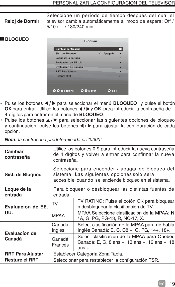 19EsReloj de Dormir Seleccione un per&iacute;odo de tiempo despu&eacute;s del cual el televisor cambia autom&aacute;ticamente al modo de espera: Off / 5/10 / ... / 180/240 min.  Pulse los botones   para seleccionar el men&uacute; BLOQUEO  y pulse el bot&oacute;n OK OK       para entrar. Utilice los botones          y        para introducir la contrase&ntilde;a de 4 d&iacute;gitos para entrar en el men&uacute; de BLOQUEO.  Pulse los botones   para seleccionar las siguientes opciones de bloqueo y continuaci&oacute;n, pulse los botones   para ajustar la configuraci&oacute;n de cada opci&oacute;n. BLOQUEO Nota: la contrase&ntilde;a predeterminada es "0000".Cambiar contrase&ntilde;aUtilice los botones 0-9 para introducir la nueva contrase&ntilde;a de 4 d&iacute;gitos y volver a entrar para confirmar la nueva contrase&ntilde;a.Sist. de Bloqueo Seleccione para encender / apagar de bloqueo del sistema. Las siguientes opciones  s&oacute;lo ser&aacute; accesible cuando se  enciende bloqueo en el sistema.Loque de la entrada Para bloquear o desbloquear las distintas fuentes de entrada.Evaluac&iacute;on de EE. UU.TV TV RATING: Pulse el bot&oacute;n OK para bloquear MPAA / A, G, PG, PG-13, R, NC-17, X.Evaluac&iacute;on de Canad&aacute;Canad&aacute; Ingl&eacute;s Ingl&eacute;s Canad&aacute;: E, C, C8 +, G, PG, 14+, 18+.Canad&aacute; Franc&eacute;s Canad&aacute;: E, G, 8 ans +, 13 ans +, 16 ans +, 18 ans +.RRT Para Ajustar Establecer Categor&iacute;a Zona Tabla.Resture el RRTPERSONALIZAR LA CONFIGURACI&Oacute;N DEL TELEVISOR 