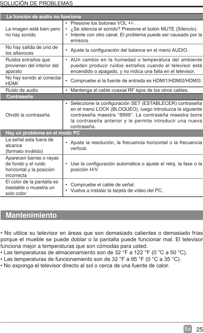 25EsSOLUCI&Oacute;N DE PROBLEMASLa funci&oacute;n de audio no funciona/DLPDJHQHVWiELHQSHURno hay sonido 3UHVLRQHORVERWRQHV92/ &cent;6HVLOHQFLDHOVRQLGR"3UHVLRQHHOERWyQ087(6LOHQFLR ,QWHQWHFRQRWURFDQDO(OSUREOHPDSXHGHVHUFDXVDGRSRUODemisora.No hay salida de uno de los altavoces  $MXVWHODFRQ&iquest;JXUDFLyQGHOEDODQFHHQHOPHQ~$8',2Ruidos extra&ntilde;os que provienen del interior del aparato $8QFDPELRHQODKXPHGDGRWHPSHUDWXUDGHODPELHQWHSXHGHQSURGXFLUUXLGRVH[WUDxRVFXDQGRHOWHOHYLVRUHVWiHQFHQGLGRRDSDJDGR\QRLQGLFDXQDIDOODHQHOWHOHYLVRUNo hay sonido al conectarHDMI  &amp;RPSUXHEHVLODIXHQWHGHHQWUDGDHV+'0,+'0,+'0,Ruido de audio  0DQWHQJDHOFDEOHFRD[LDO5)OHMRVGHORVRWURVFDEOHVContrase&ntilde;aOlvid&oacute; la contrase&ntilde;a 6HOHFFLRQHODFRQ&iquest;JXUDFLyQ6(7(67$%/(&amp;(5FRQWUDVHxDHQHOPHQ~/2&amp;.%/248(2OXHJRLQWURGX]FDODVLJXLHQWHFRQWUDVHxDPDHVWUD&sup3;&acute;/DFRQWUDVHxDPDHVWUDERUUDla contrase&ntilde;a anterior y le permite introducir una nueva contrase&ntilde;a.Hay un problema en el modo PCLa se&ntilde;al esta fuera de alcanceIRUPDWRLQYiOLGR $MXVWHODUHVROXFLyQODIUHFXHQFLDKRUL]RQWDORODIUHFXHQFLDvertical.$SDUHFHQEDUUDVRUD\DVde fondo y el ruido horizontal y la posici&oacute;n incorrecta 8VHODFRQ&iquest;JXUDFLyQDXWRPiWLFDRDMXVWHHOUHORMODIDVHRODposici&oacute;n H/V.El color de la pantalla es LQHVWDEOHRPXHVWUDXQsolo color &amp;RPSUXHEHHOFDEOHGHVHxDO Vuelva a instalar la tarjeta de video del PC.Mantenimiento1RXWLOLFHVXWHOHYLVRUHQiUHDVTXHVRQGHPDVLDGRFDOLHQWHVRGHPDVLDGRIUtDVSRUTXHHOPXHEOHVHSXHGHGREODURODSDQWDOODSXHGHIXQFLRQDUPDO(OWHOHYLVRUfunciona mejor a temperaturas que son c&oacute;modas para usted./DVWHPSHUDWXUDVGHDOPDFHQDPLHQWRVRQGH)D)&amp;D&amp;/DVWHPSHUDWXUDVGHIXQFLRQDPLHQWRVRQGH)D)&amp;D&amp;1RH[SRQJDHOWHOHYLVRUGLUHFWRDOVRORFHUFDGHXQDIXHQWHGHFDORU